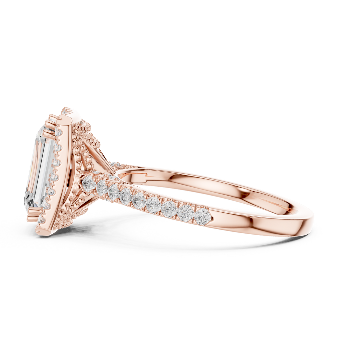 Emerald Cut Halo Engagement Ring with Pavé Diamond Band