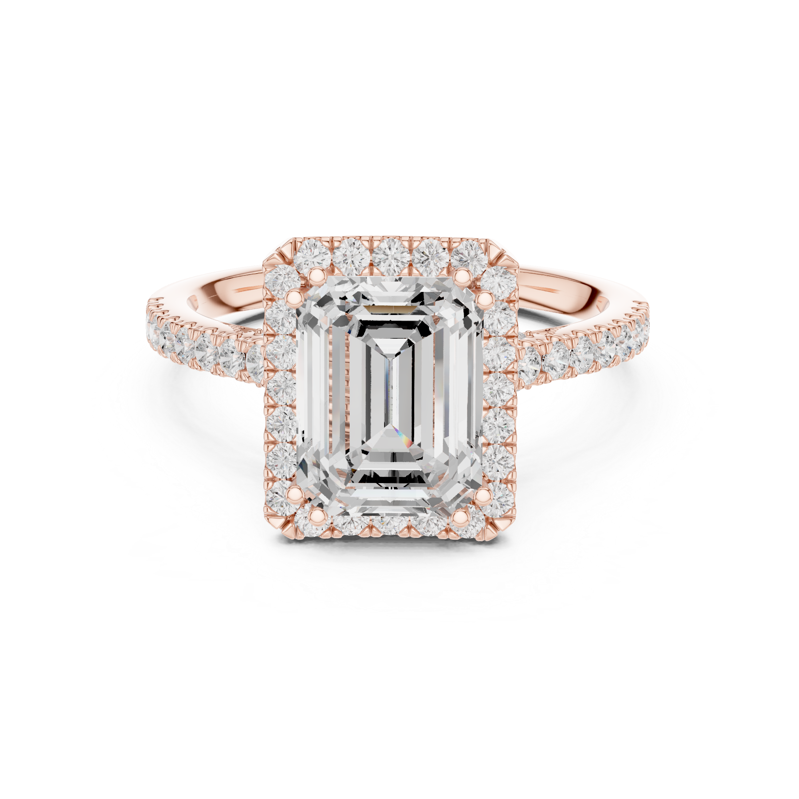 Emerald Cut Halo Engagement Ring with Pavé Diamond Band