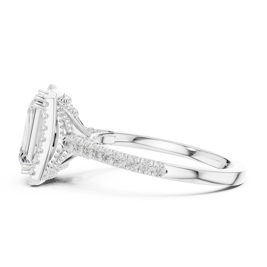 Emerald Cut Halo Engagement Ring with Pavé Diamond Band