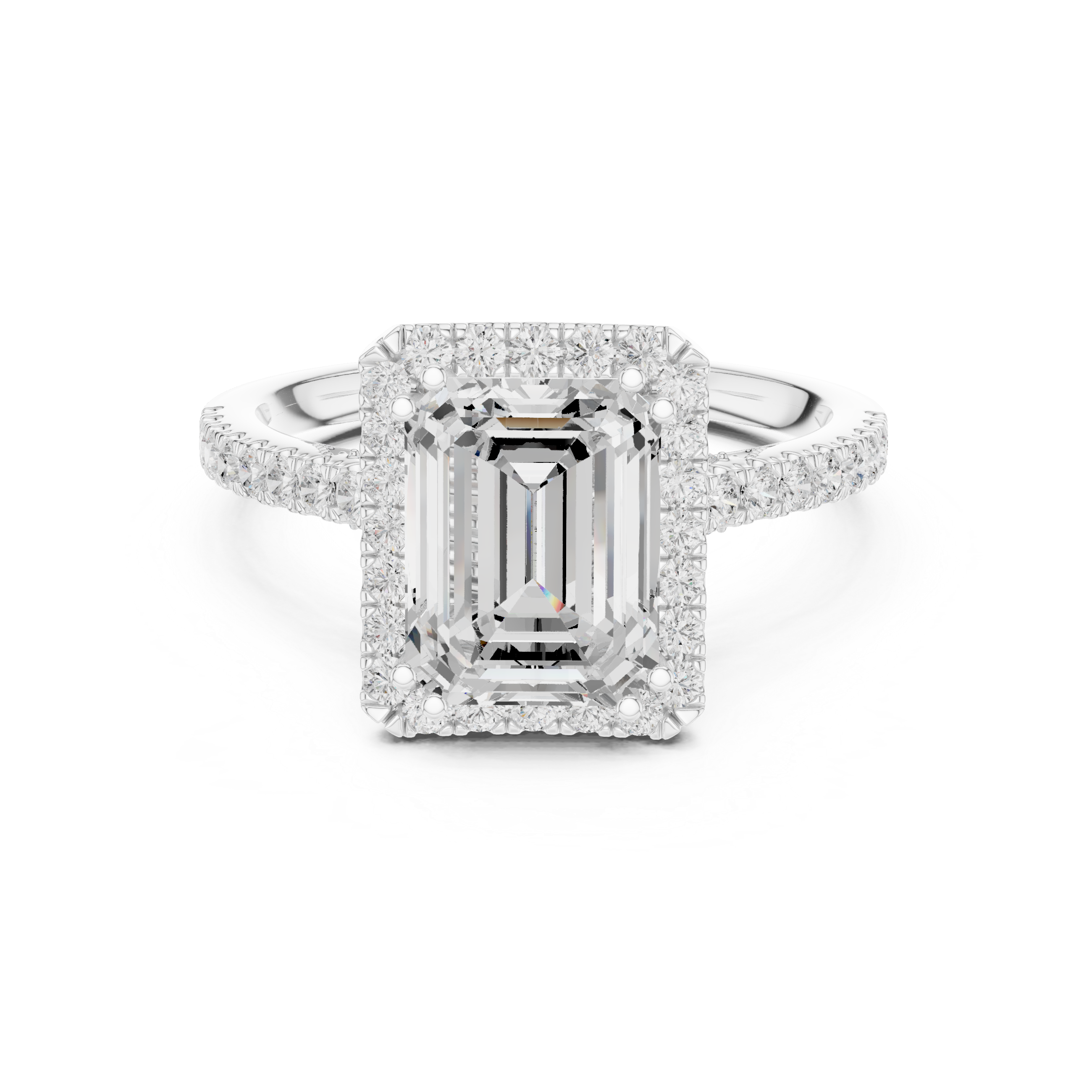 Emerald Cut Halo Engagement Ring with Pavé Diamond Band