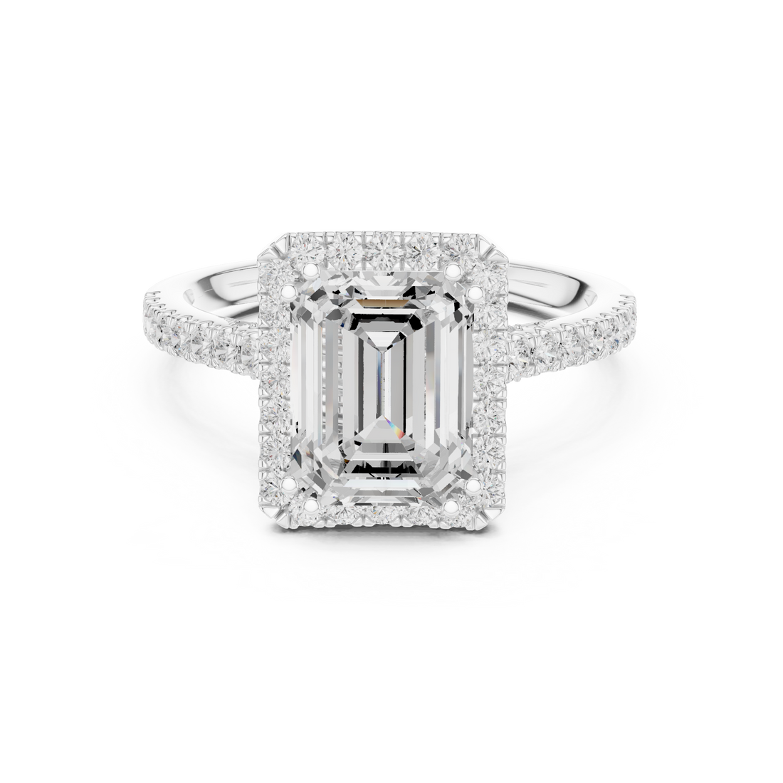 Emerald Cut Halo Engagement Ring with Pavé Diamond Band