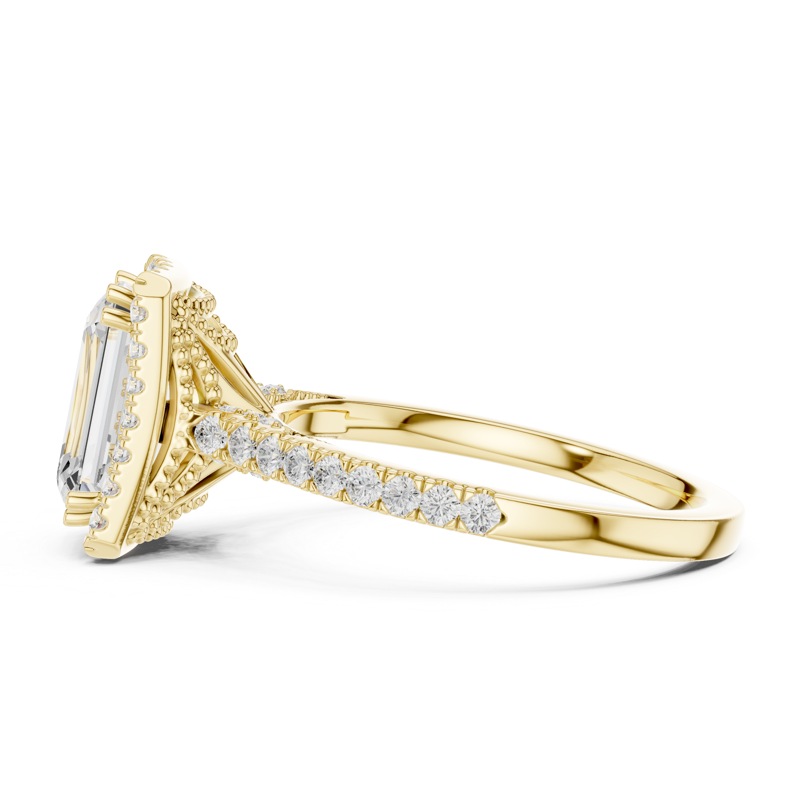 Emerald Cut Halo Engagement Ring with Pavé Diamond Band