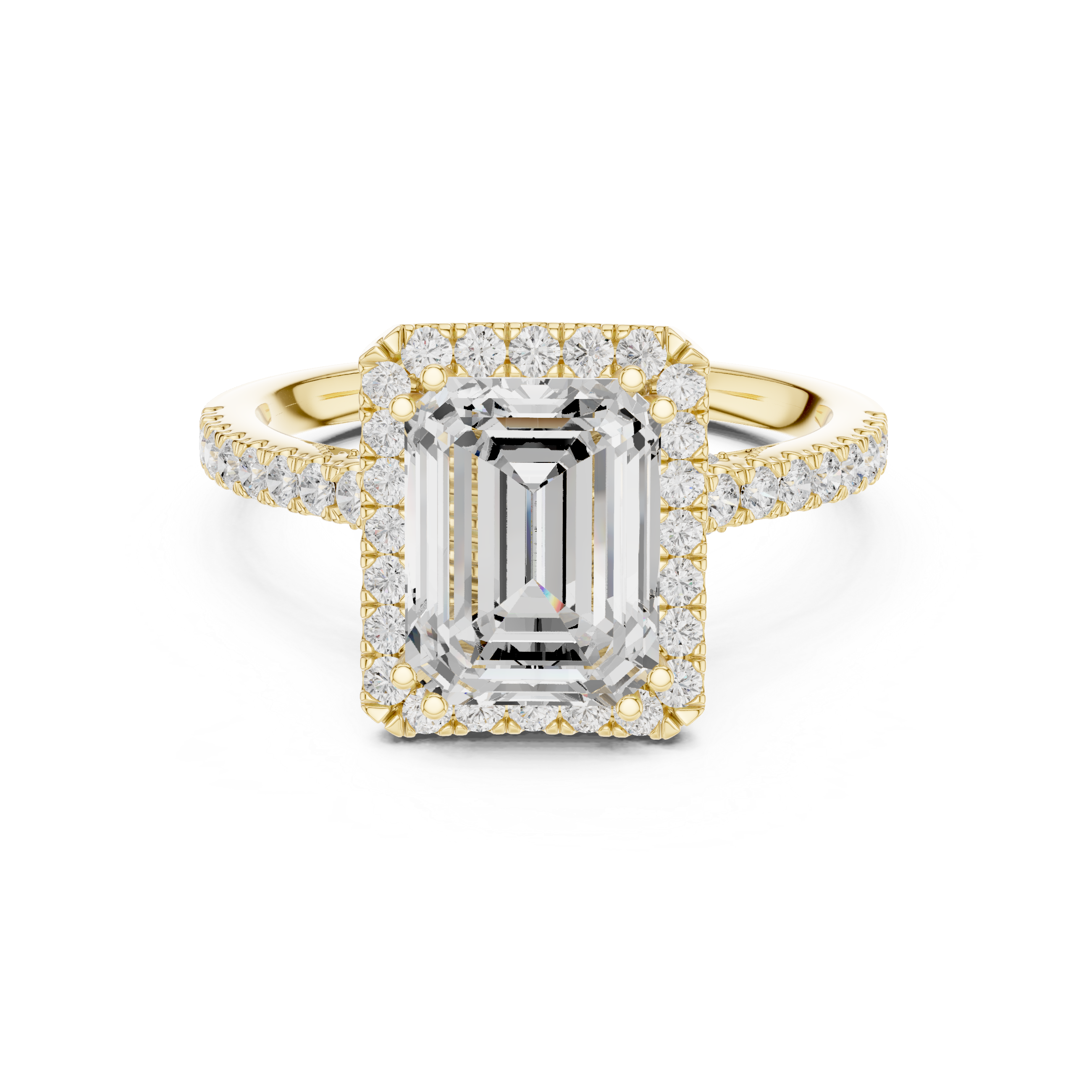 Emerald Cut Halo Engagement Ring with Pavé Diamond Band