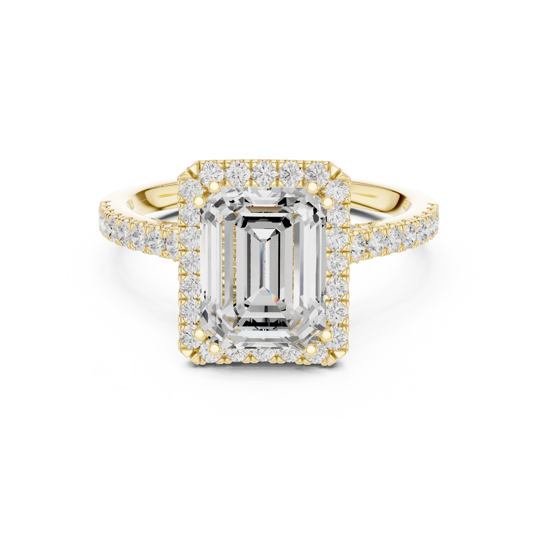 Emerald Cut Halo Engagement Ring with Pavé Diamond Band