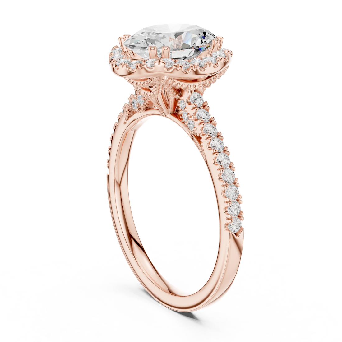 Oval Cut Halo Engagement Ring with Pavé Diamond Band