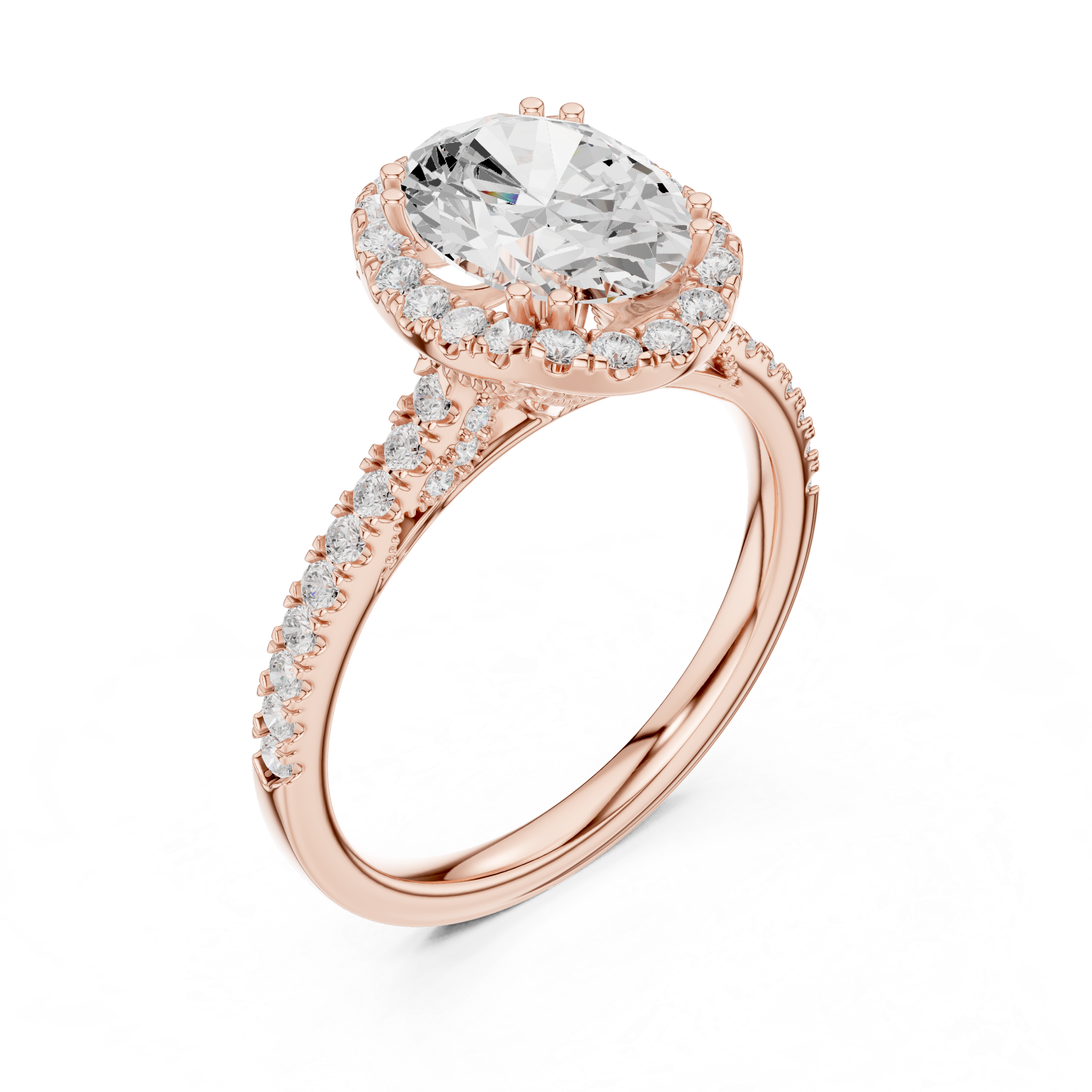 Oval Cut Halo Engagement Ring with Pavé Diamond Band