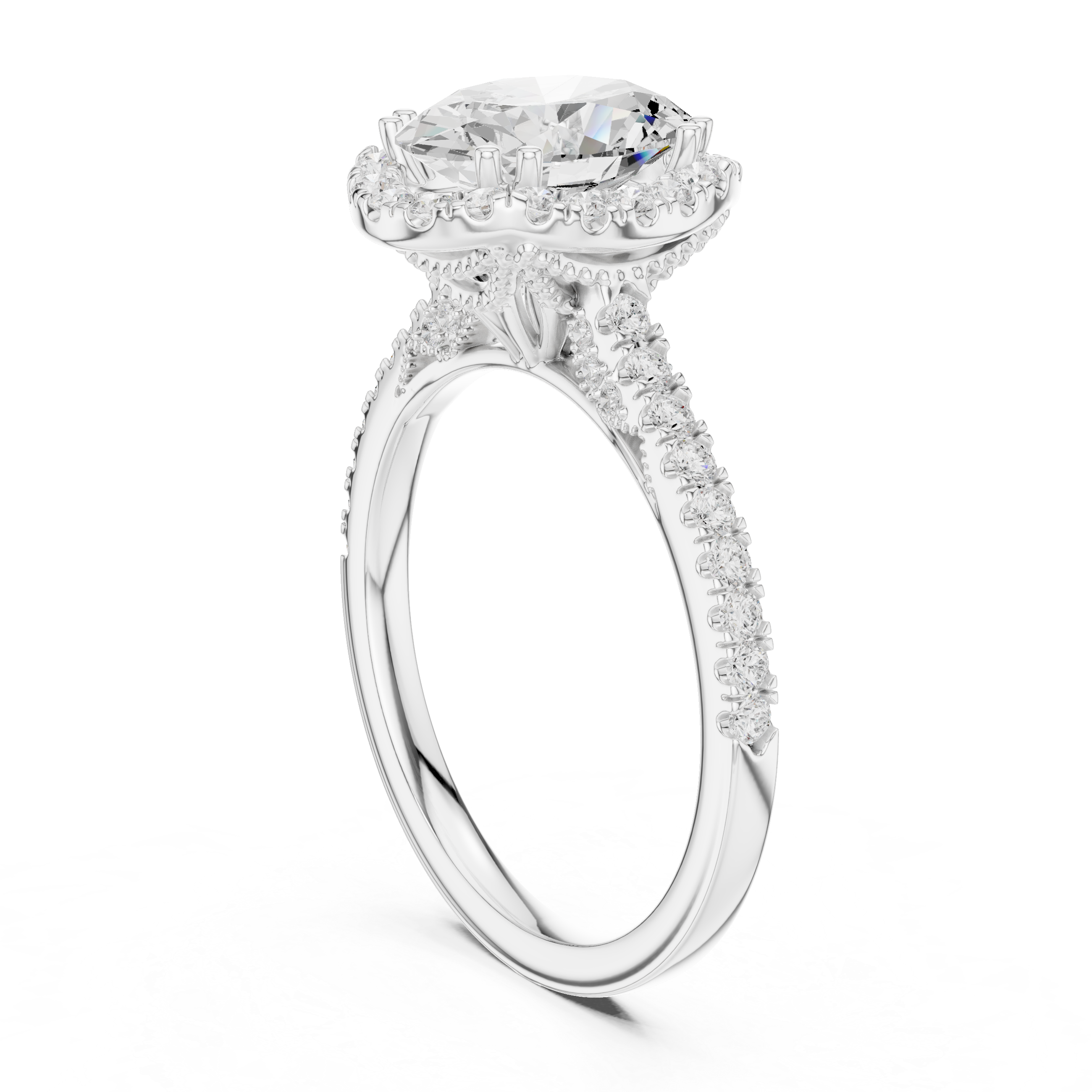 Oval Cut Halo Engagement Ring with Pavé Diamond Band