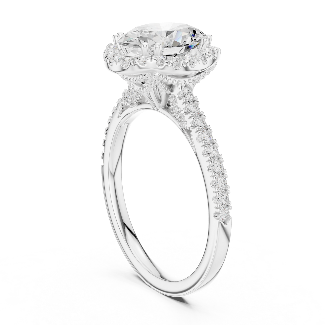 Oval Cut Halo Engagement Ring with Pavé Diamond Band