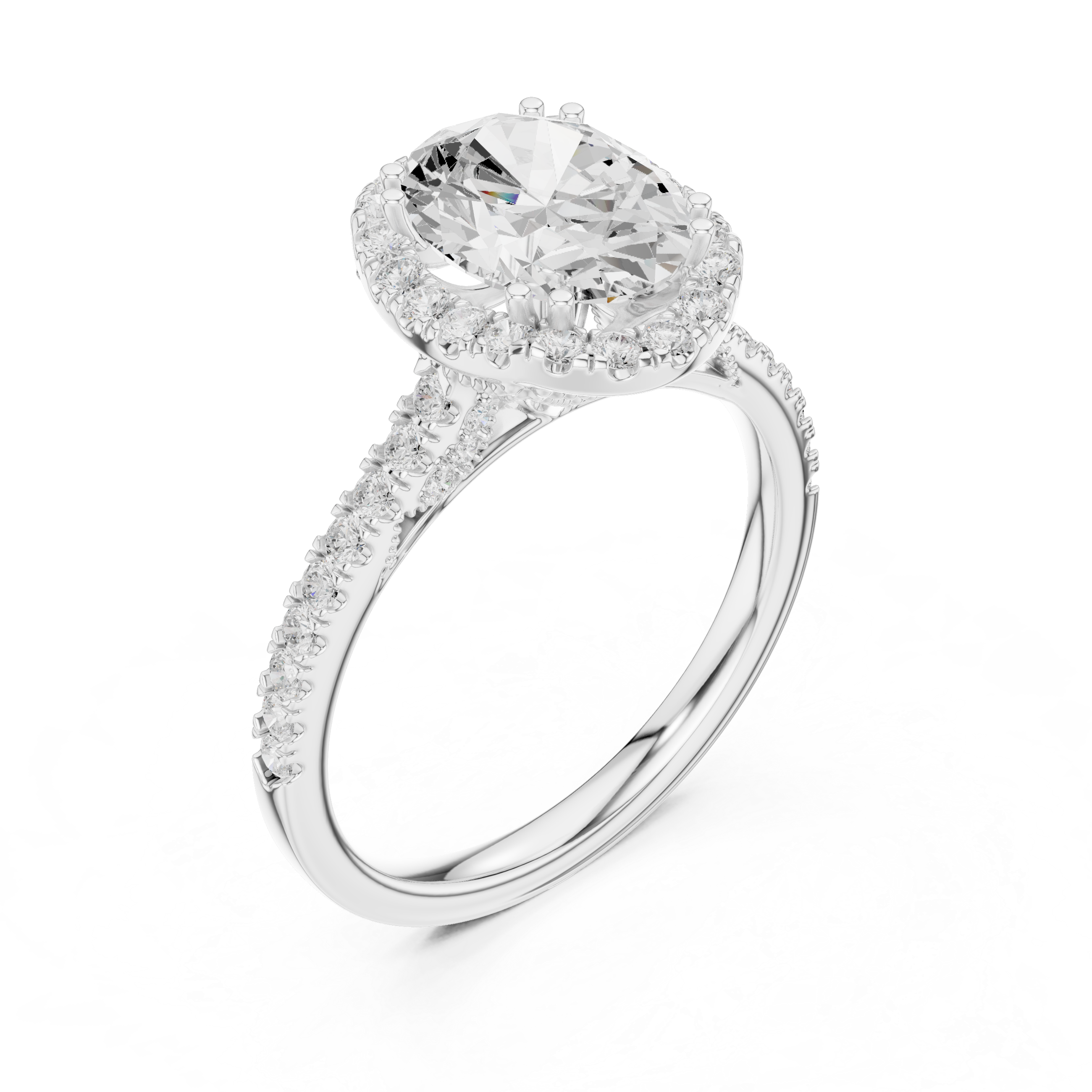 Oval Cut Halo Engagement Ring with Pavé Diamond Band