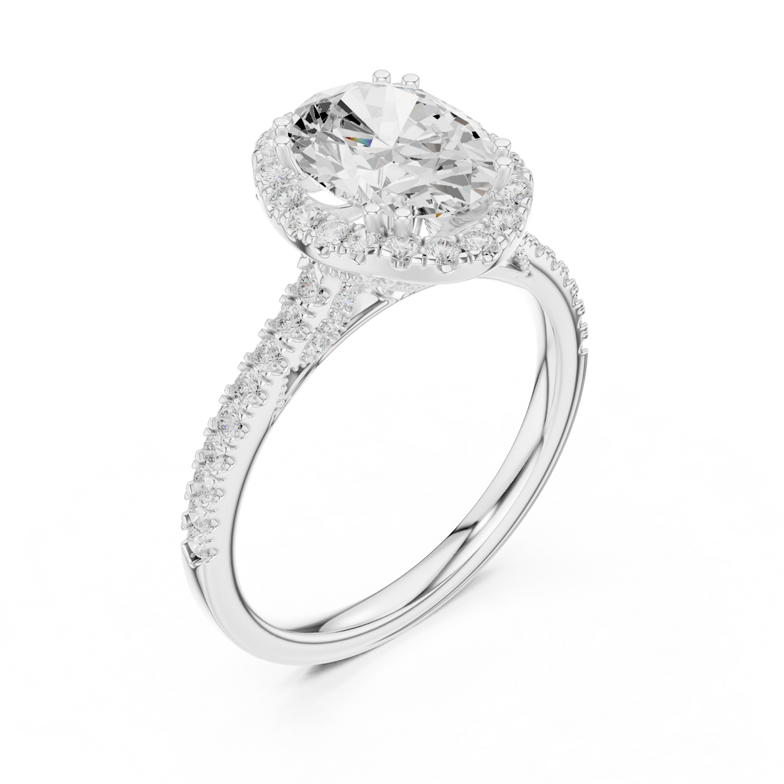 Oval Cut Halo Engagement Ring with Pavé Diamond Band