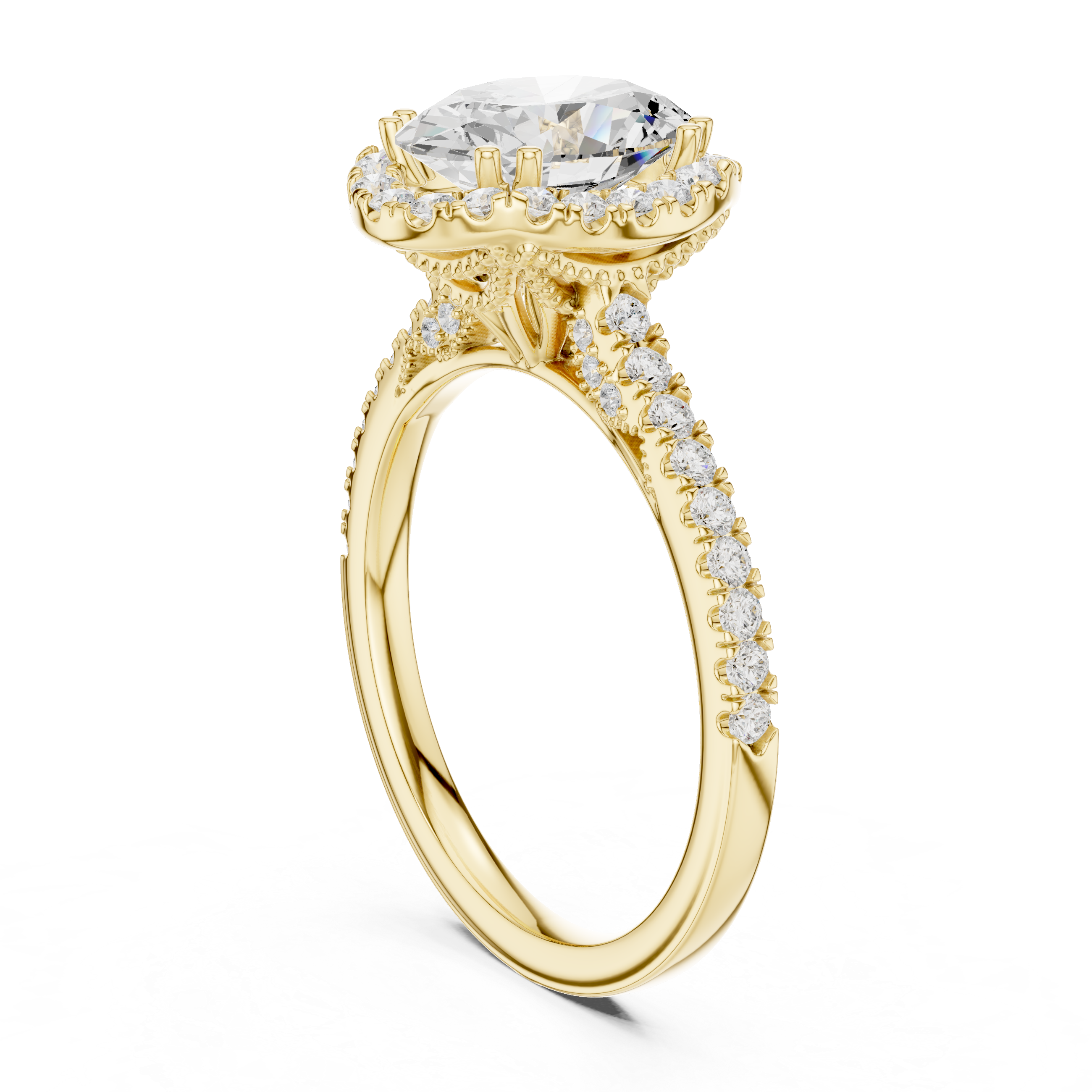 Oval Cut Halo Engagement Ring with Pavé Diamond Band