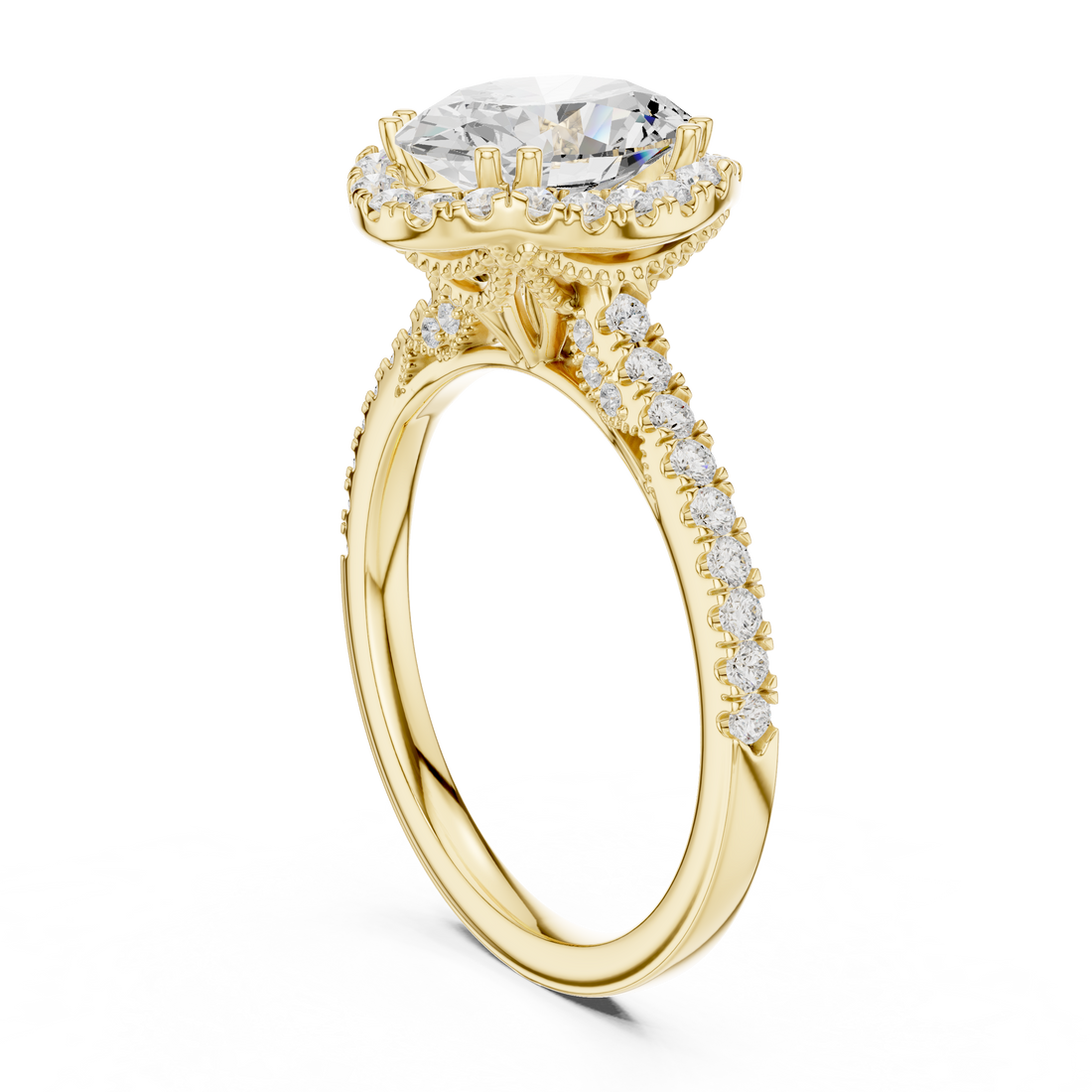 Oval Cut Halo Engagement Ring with Pavé Diamond Band