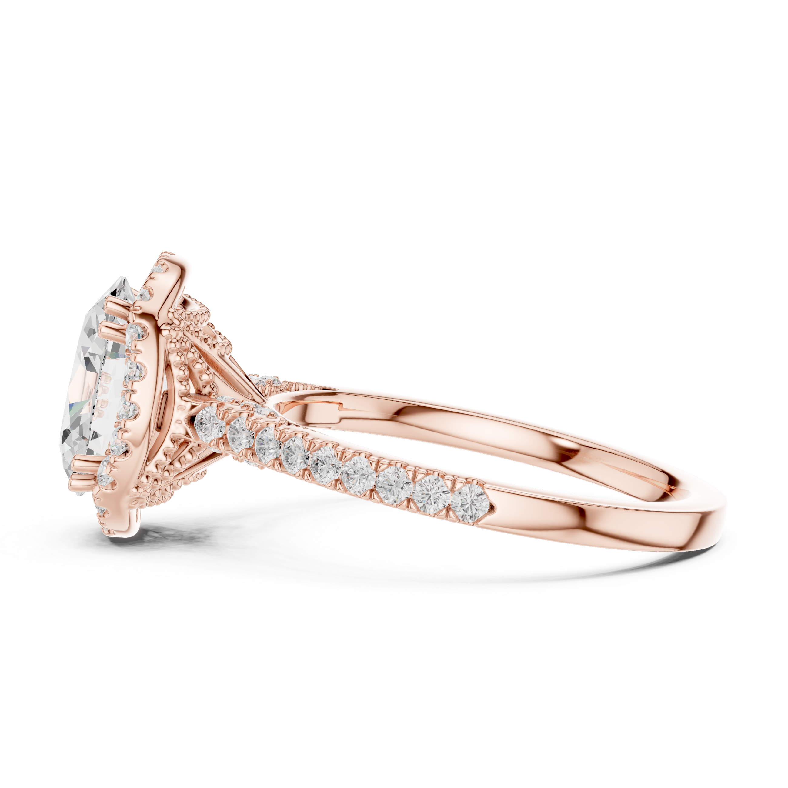 Oval Cut Halo Engagement Ring with Pavé Diamond Band
