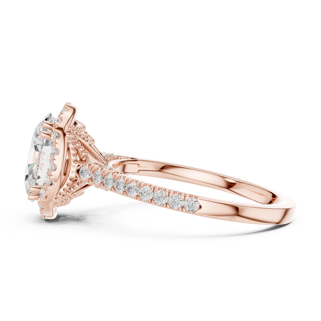 Oval Cut Halo Engagement Ring with Pavé Diamond Band