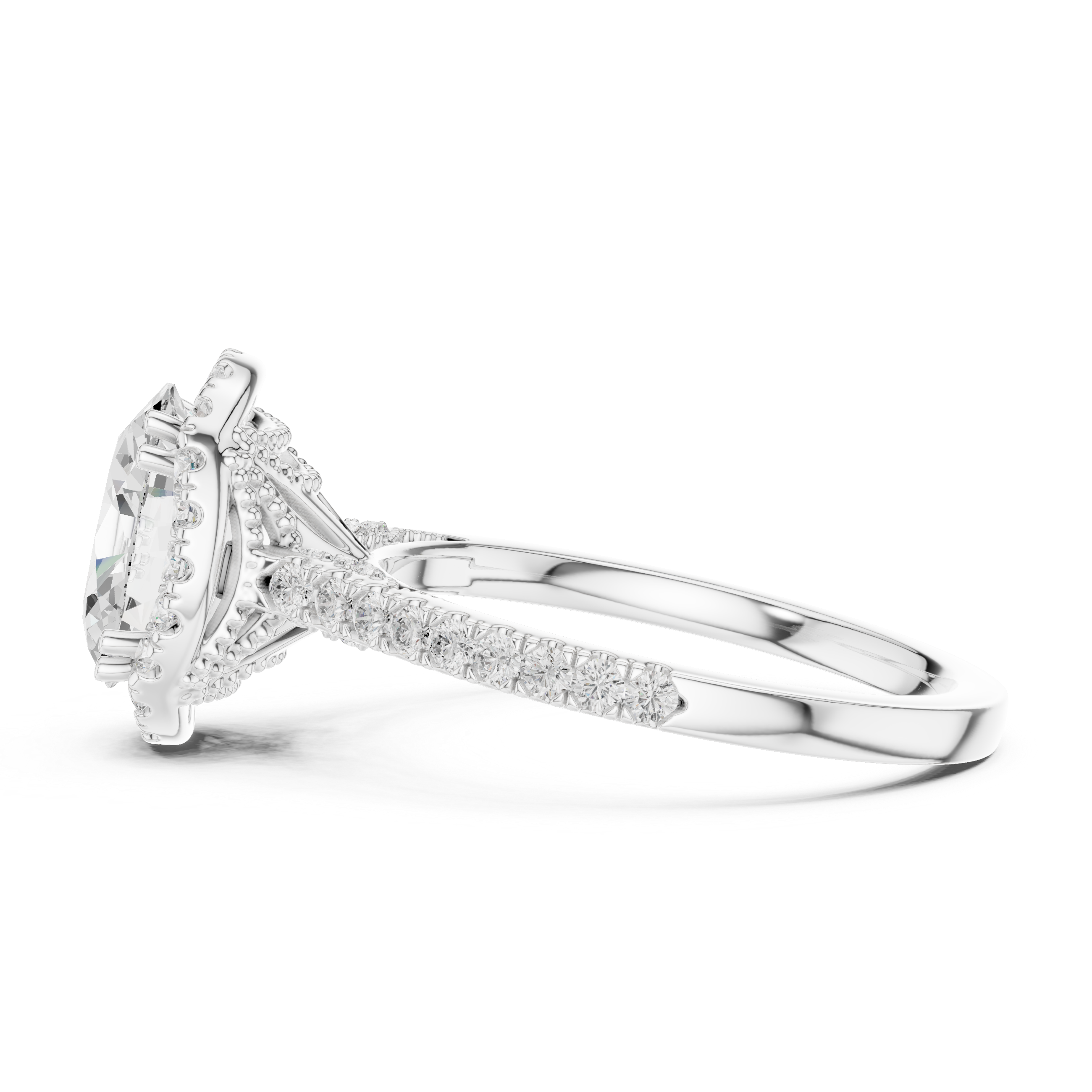 Oval Cut Halo Engagement Ring with Pavé Diamond Band