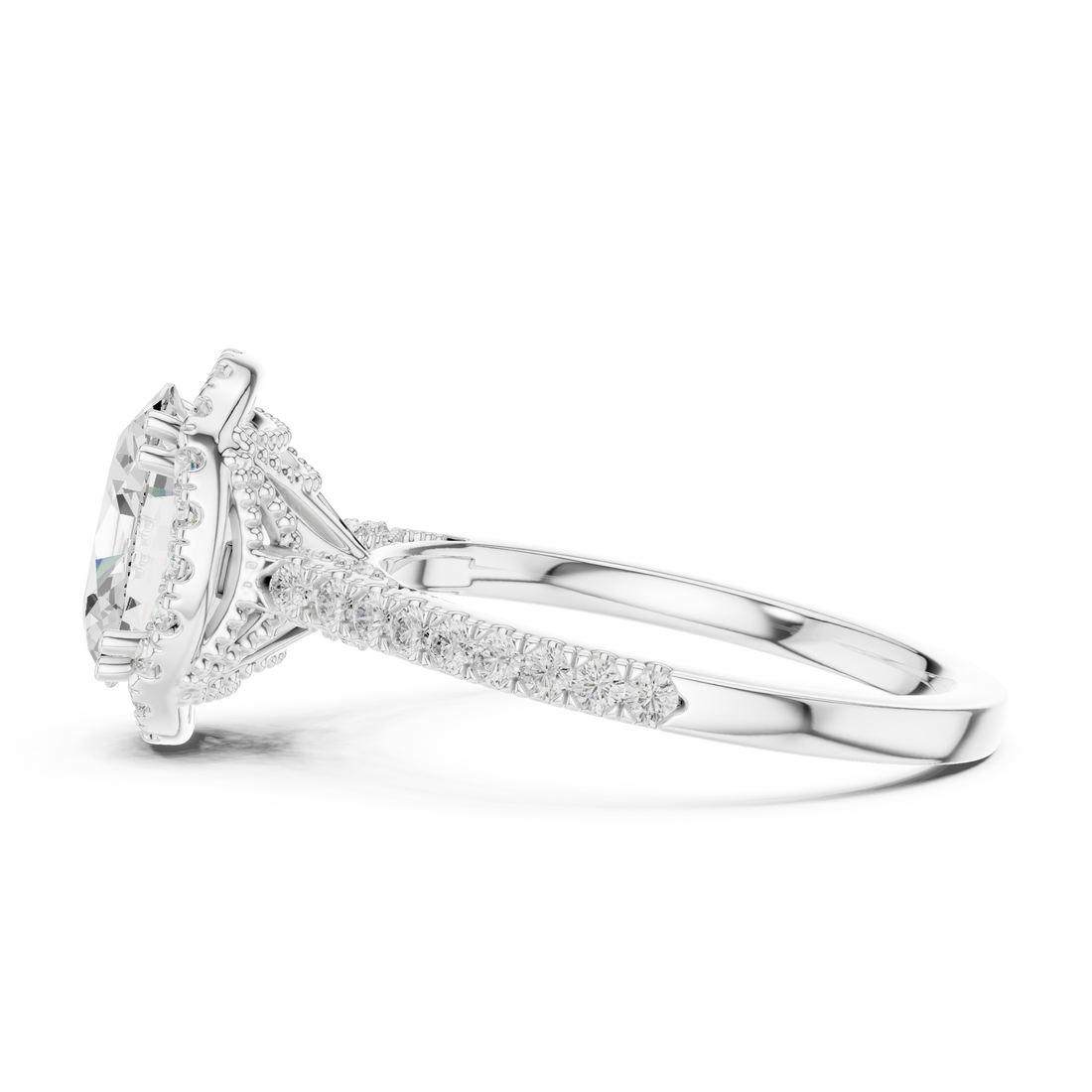 Oval Cut Halo Engagement Ring with Pavé Diamond Band