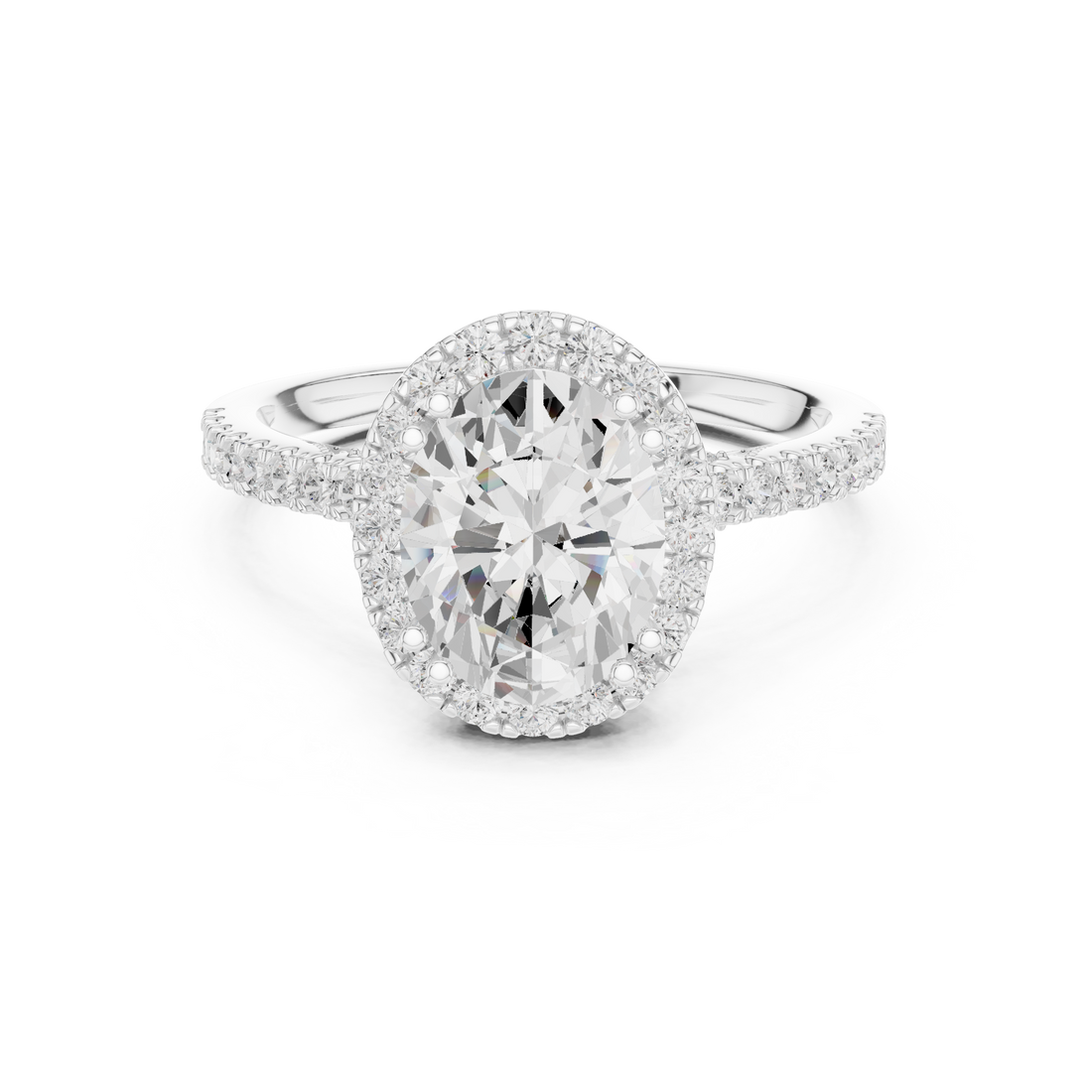 Oval Cut Halo Engagement Ring with Pavé Diamond Band