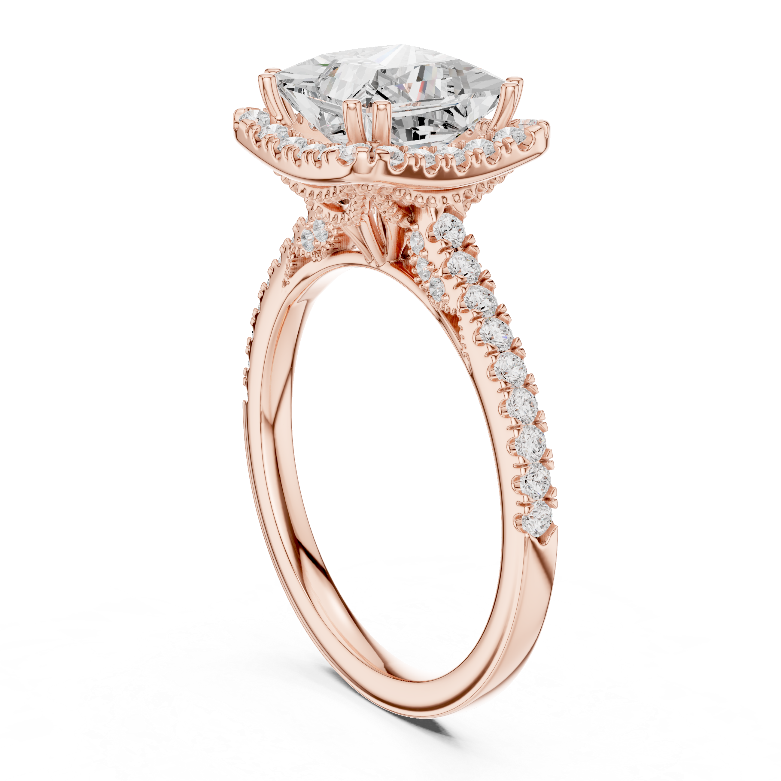 Princess Cut Halo Engagement Ring with Pavé Diamond Band