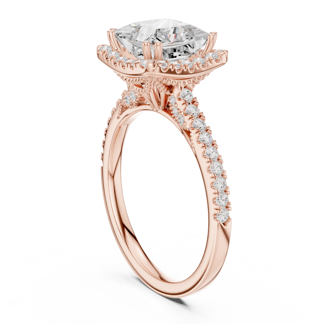 Princess Cut Halo Engagement Ring with Pavé Diamond Band