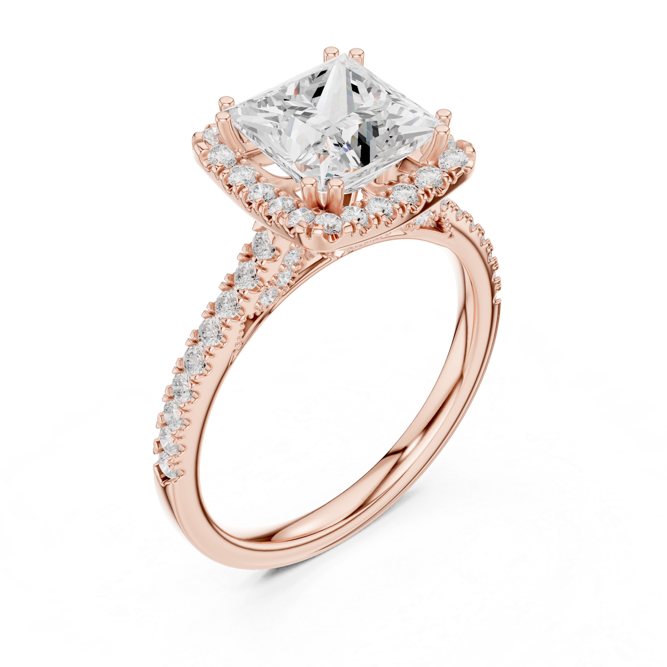 Princess Cut Halo Engagement Ring with Pavé Diamond Band