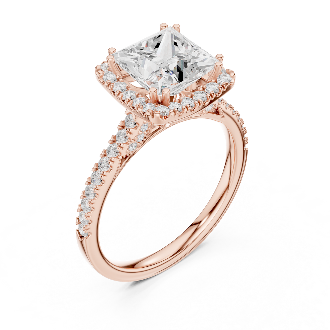Princess Cut Halo Engagement Ring with Pavé Diamond Band