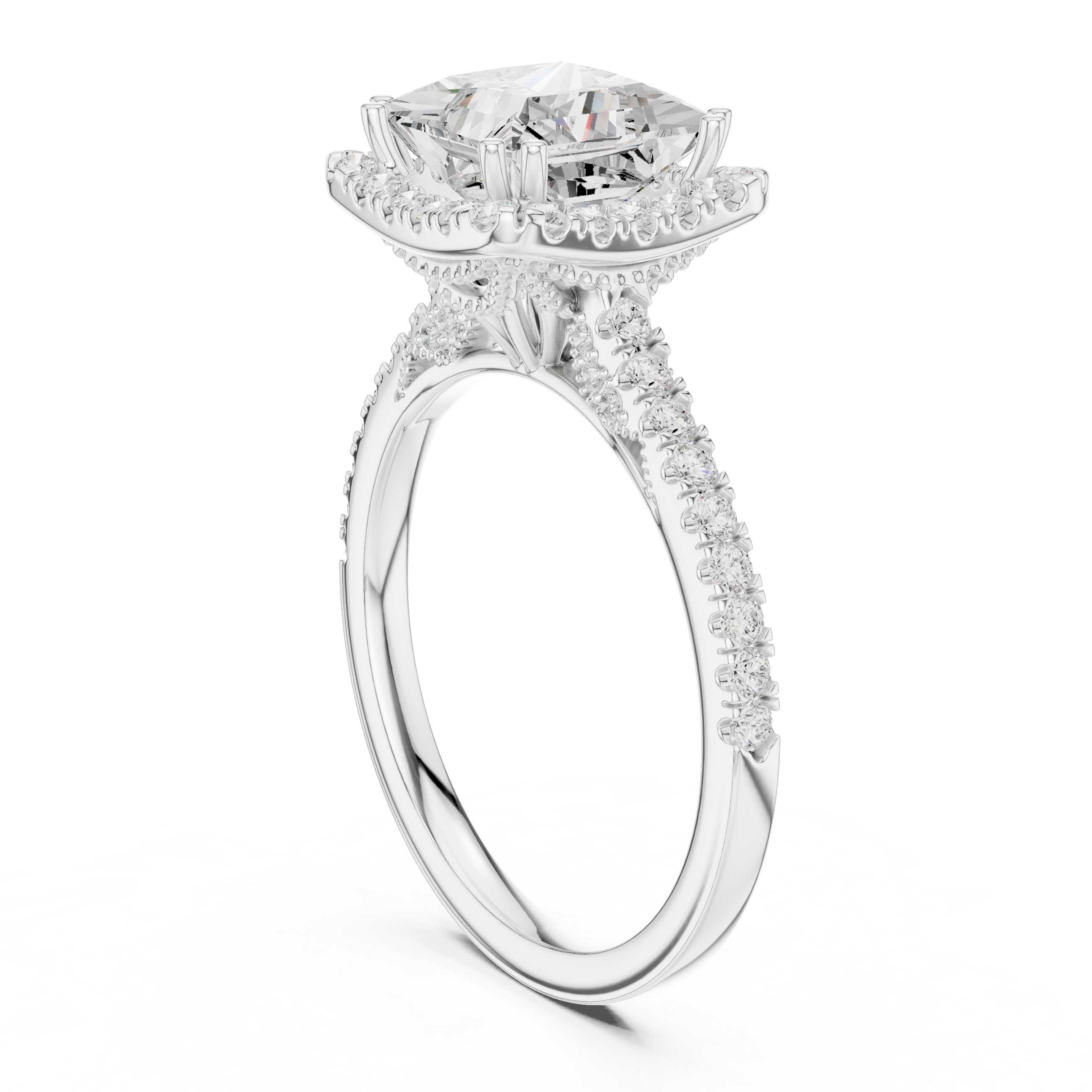 Princess Cut Halo Engagement Ring with Pavé Diamond Band