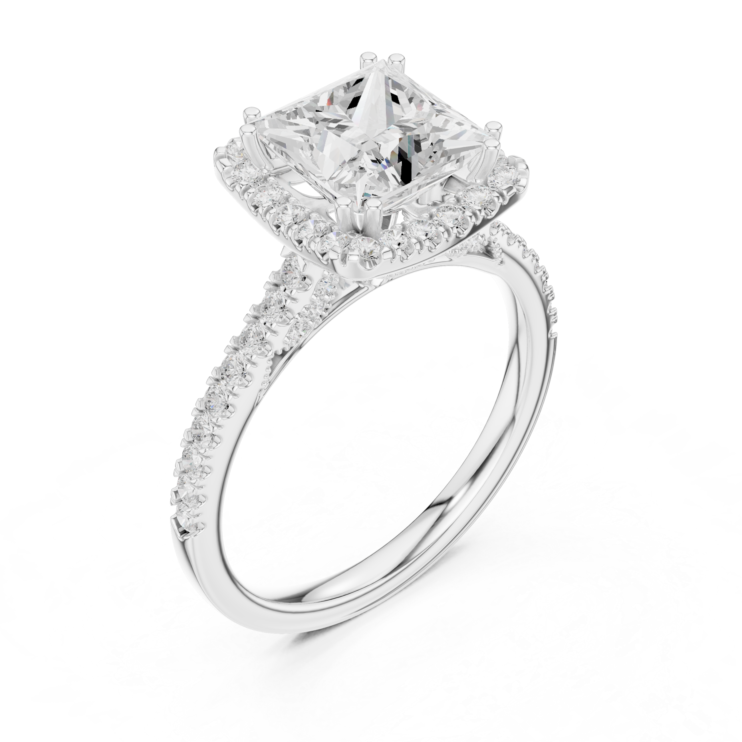 Princess Cut Halo Engagement Ring with Pavé Diamond Band