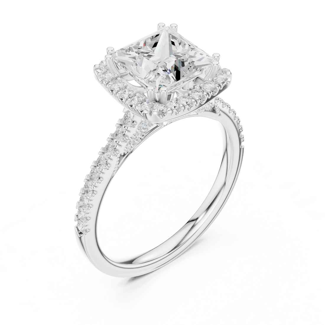 Princess Cut Halo Engagement Ring with Pavé Diamond Band