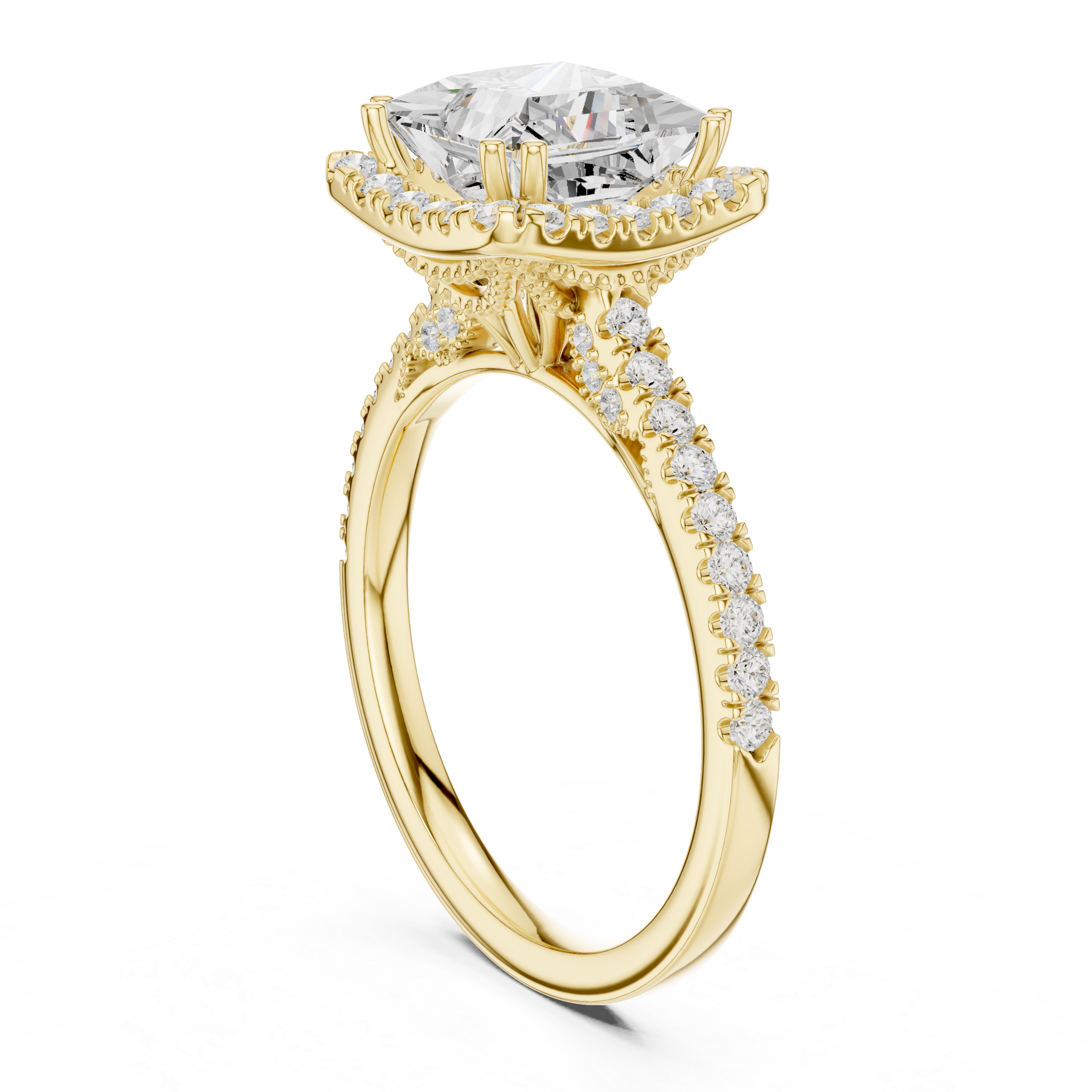 Princess Cut Halo Engagement Ring with Pavé Diamond Band