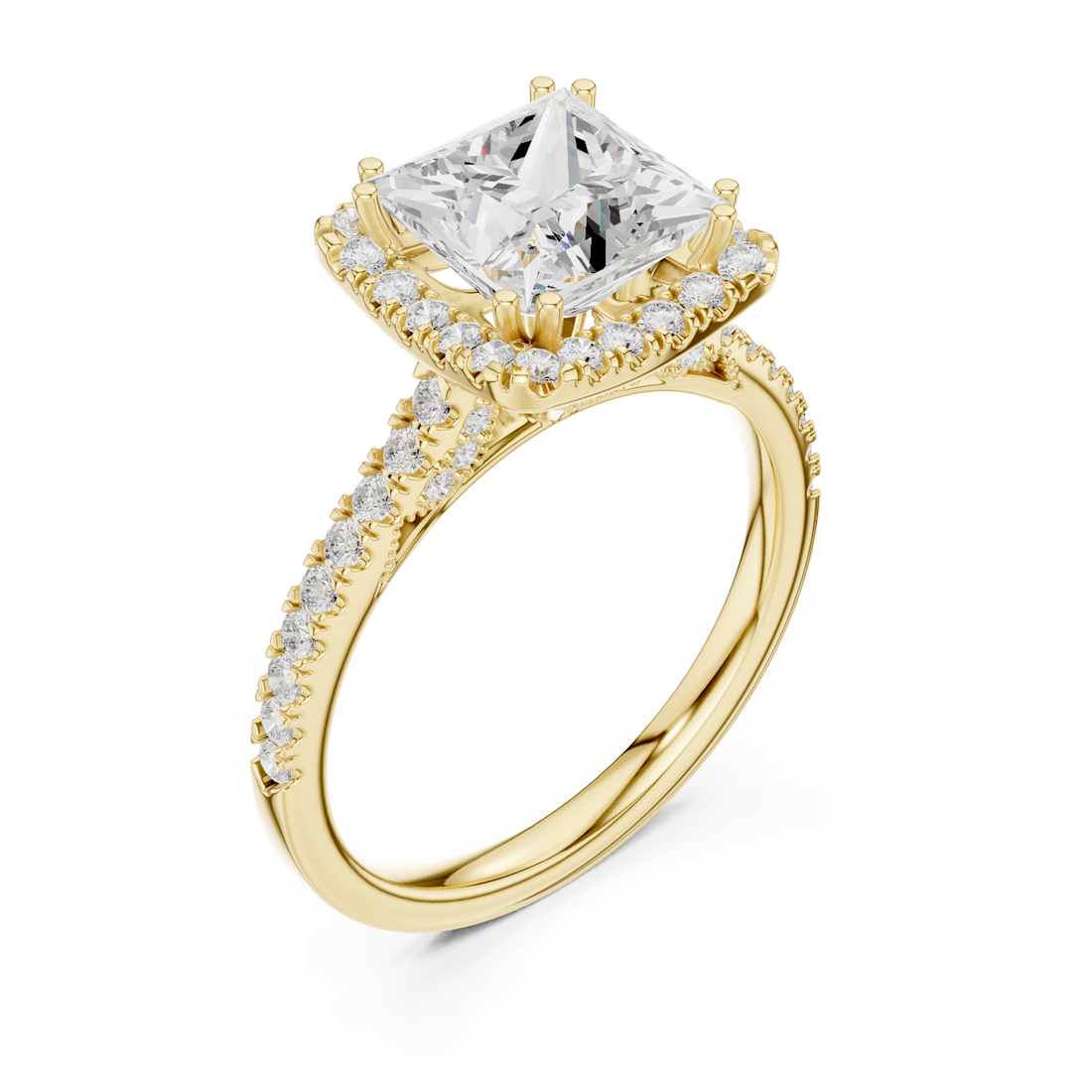 Princess Cut Halo Engagement Ring with Pavé Diamond Band