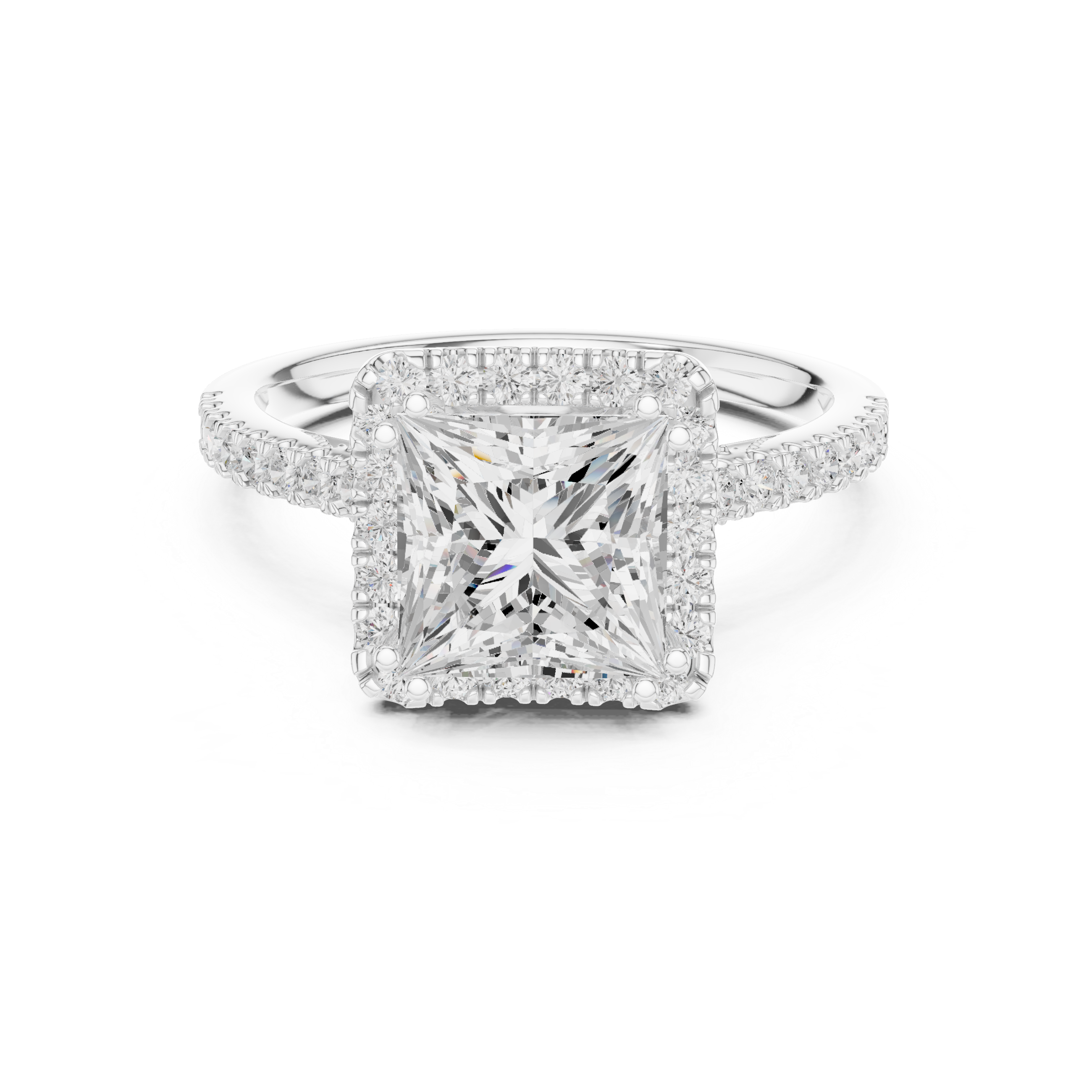 Princess Cut Halo Engagement Ring with Pavé Diamond Band