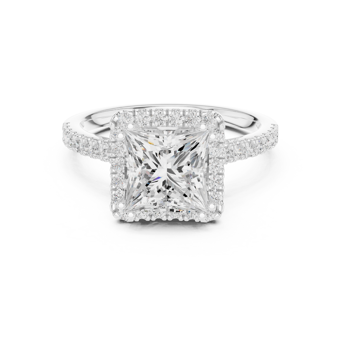 Princess Cut Halo Engagement Ring with Pavé Diamond Band