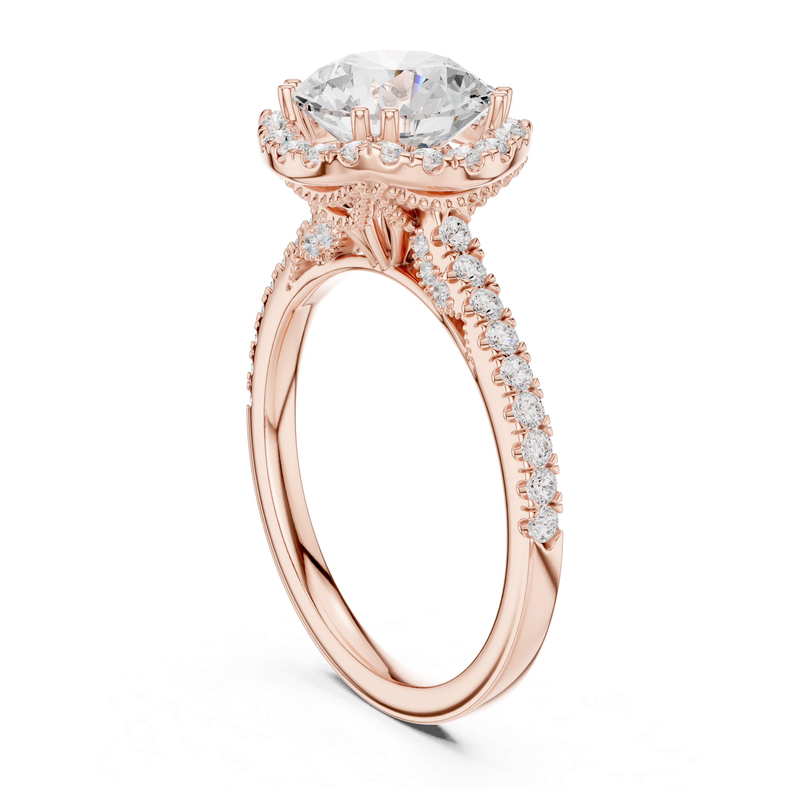 Round Cut Halo Engagement Ring with Pavé Diamond Band