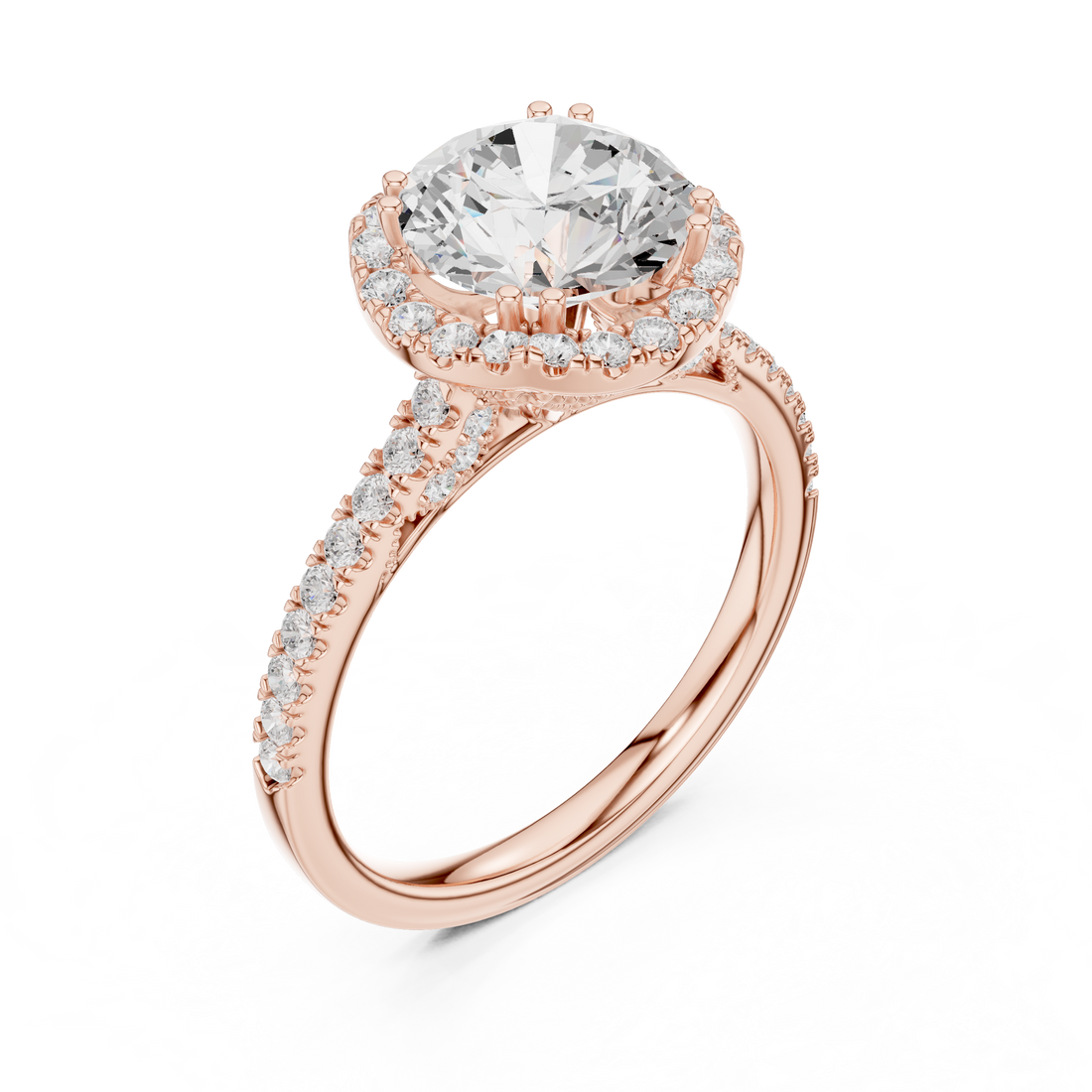 Round Cut Halo Engagement Ring with Pavé Diamond Band