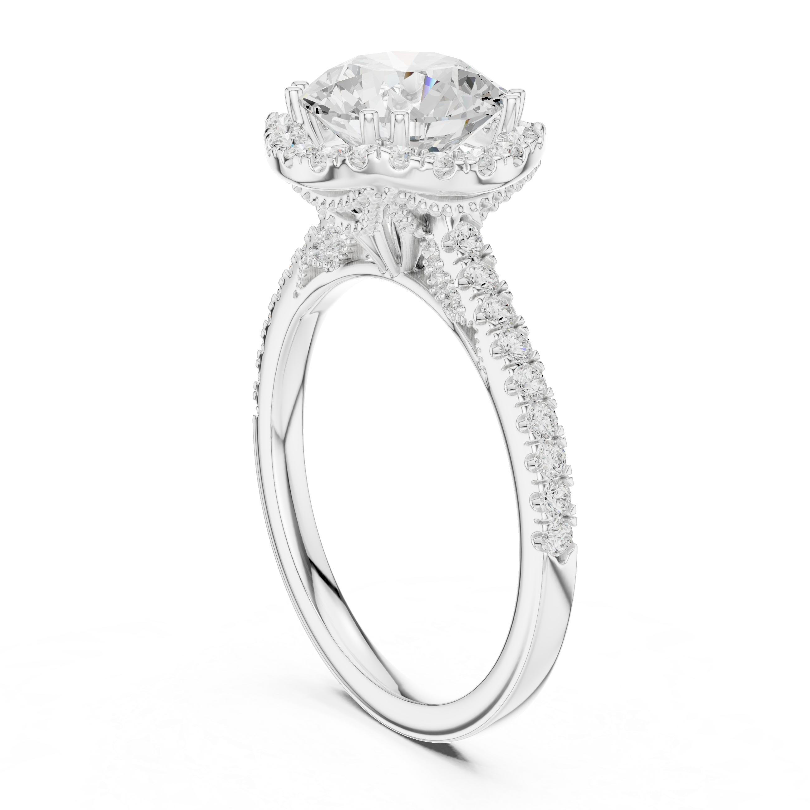 Round Cut Halo Engagement Ring with Pavé Diamond Band