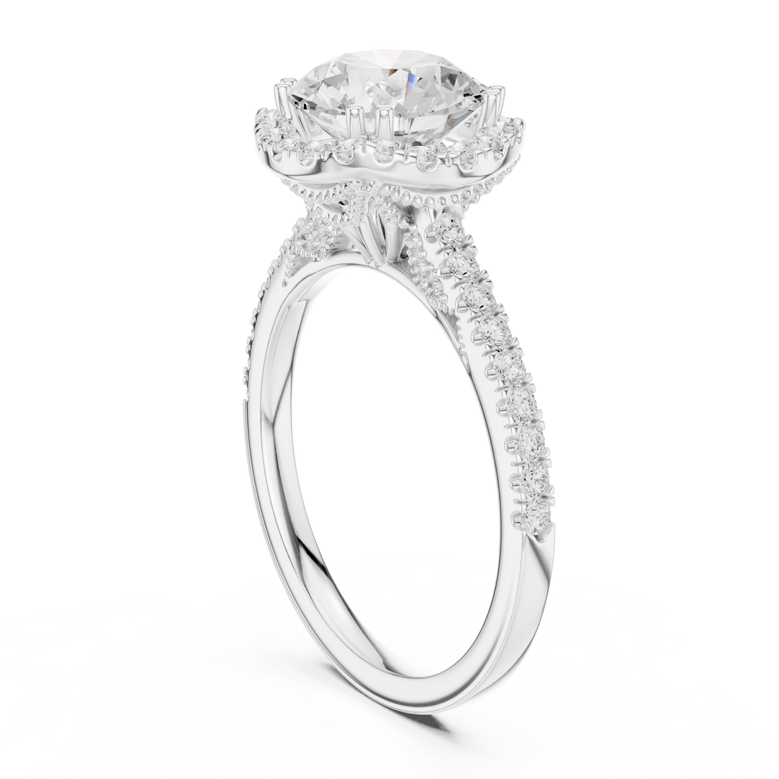 Round Cut Halo Engagement Ring with Pavé Diamond Band