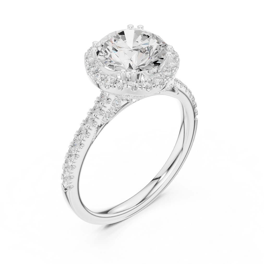 Round Cut Halo Engagement Ring with Pavé Diamond Band