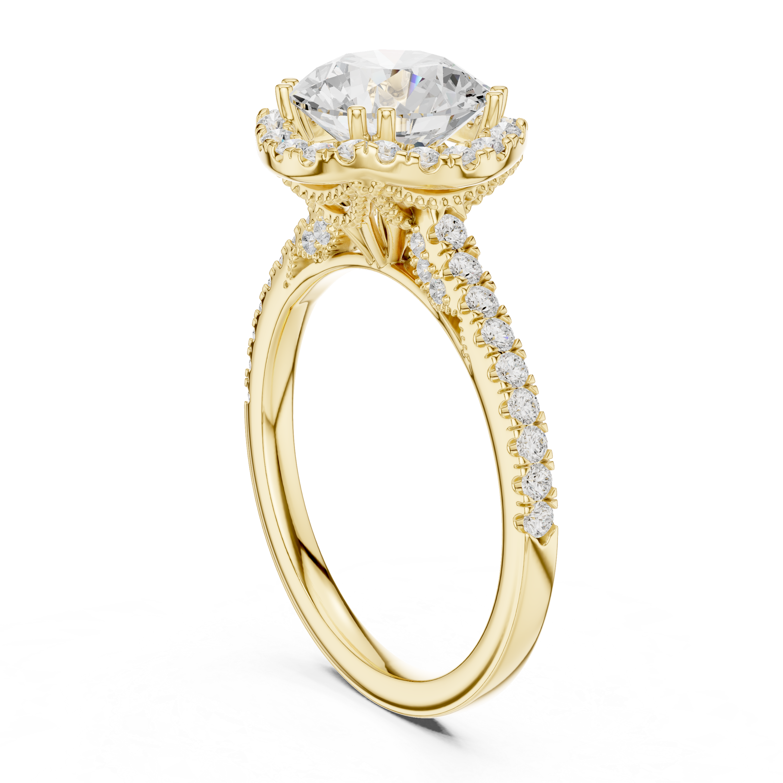 Round Cut Halo Engagement Ring with Pavé Diamond Band
