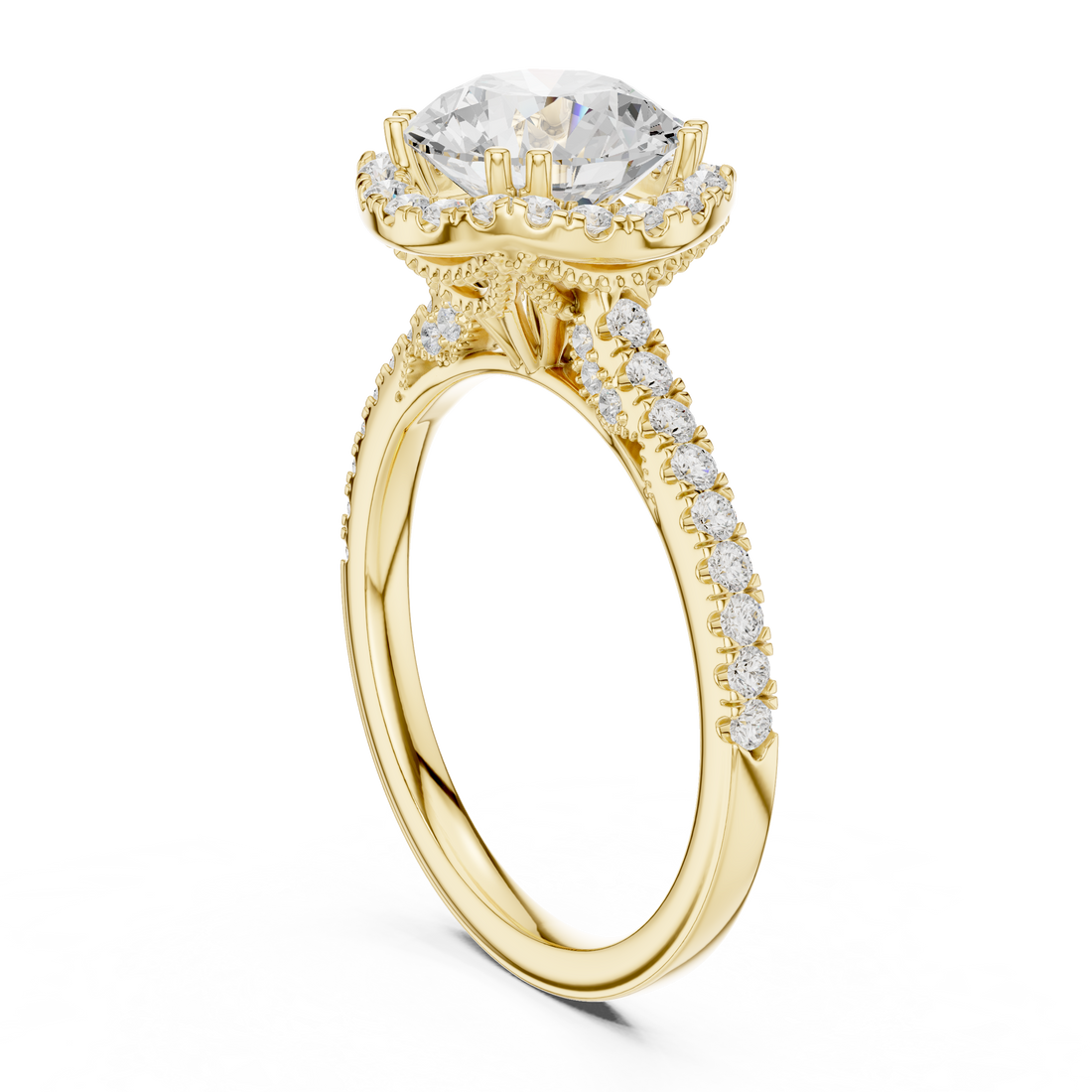Round Cut Halo Engagement Ring with Pavé Diamond Band