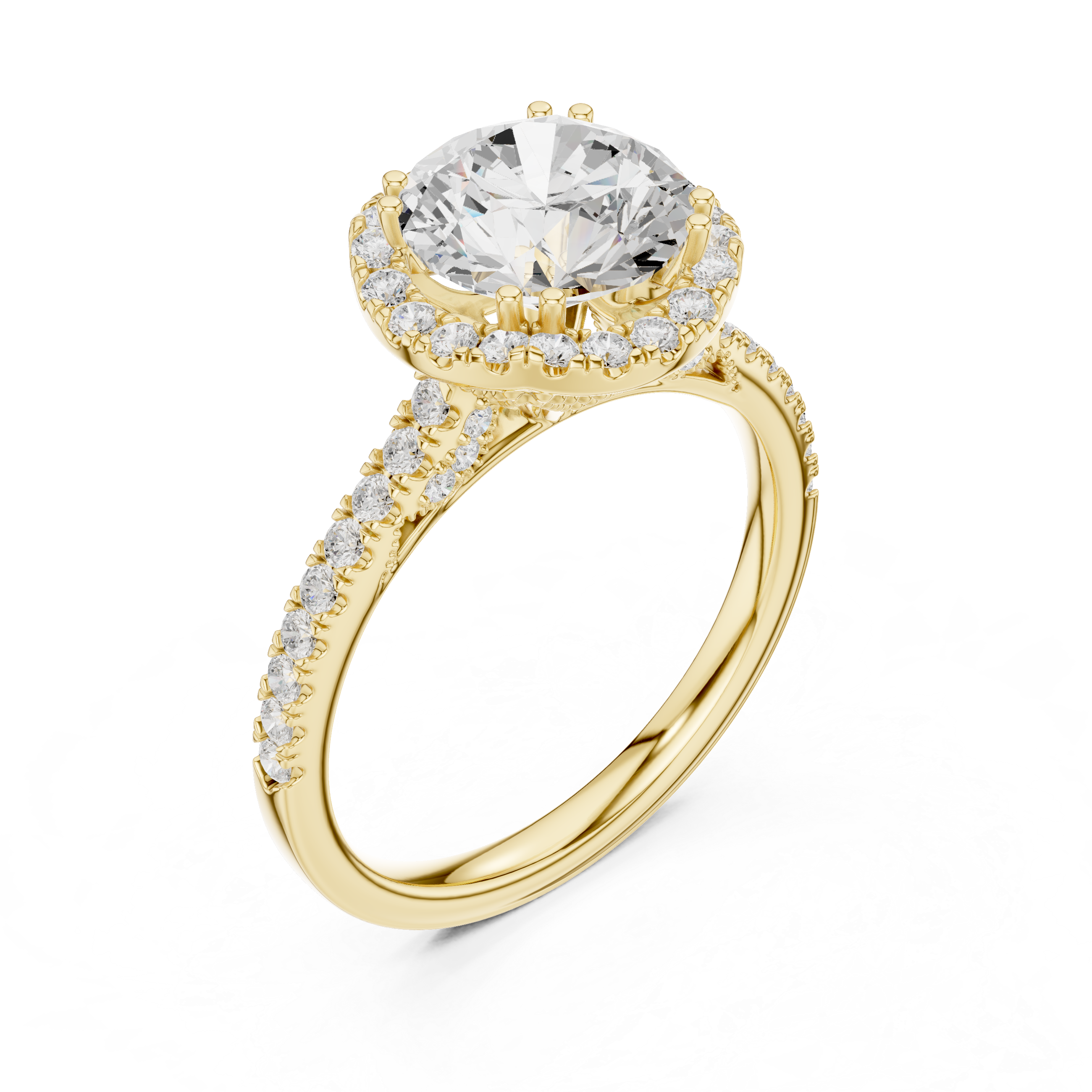 Round Cut Halo Engagement Ring with Pavé Diamond Band