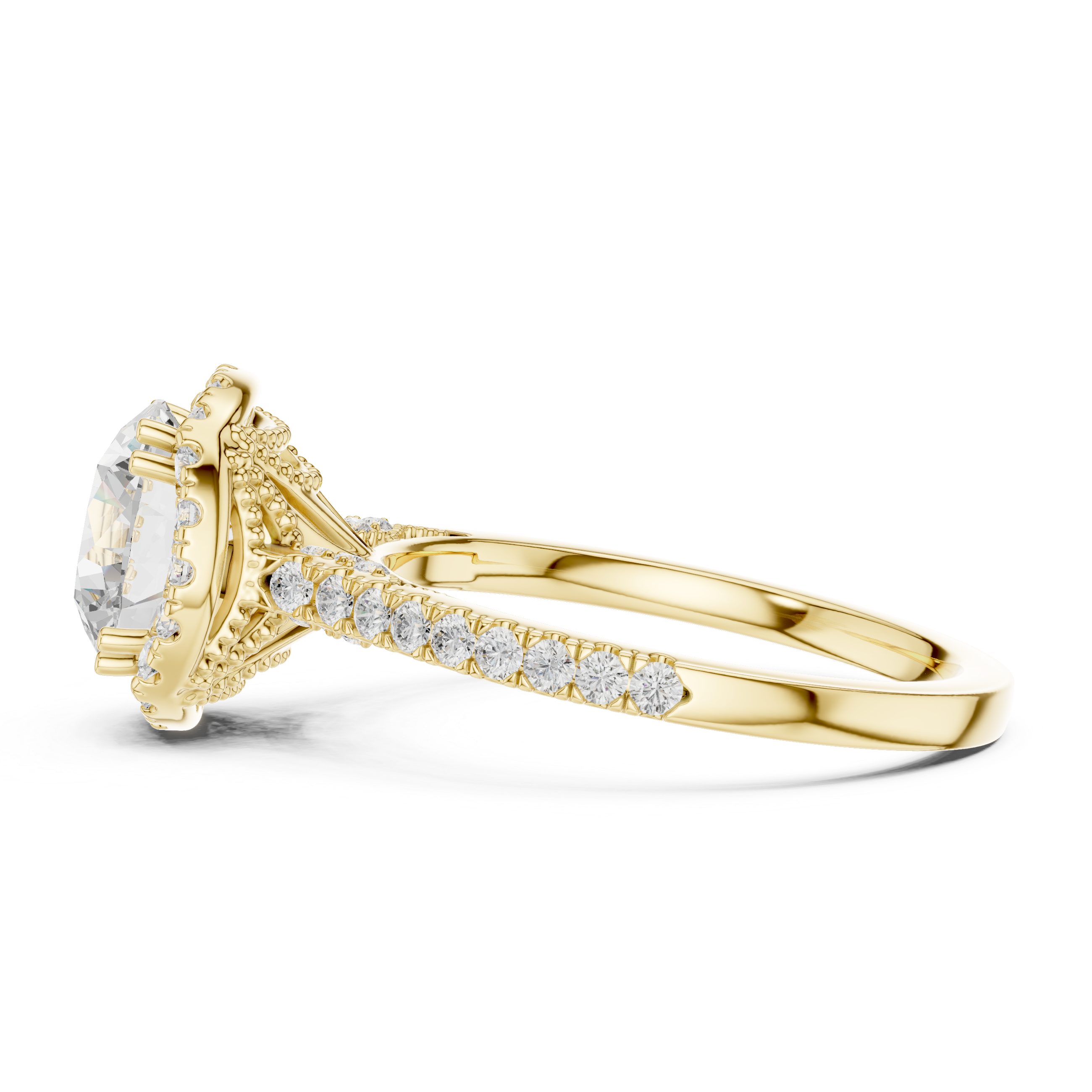 Round Cut Halo Engagement Ring with Pavé Diamond Band