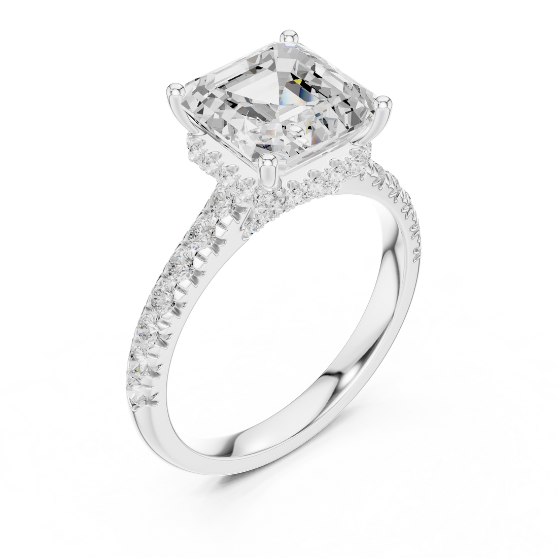 Asscher Cut Solitaire Engagement Ring with Split Shank Pavé Diamond Band