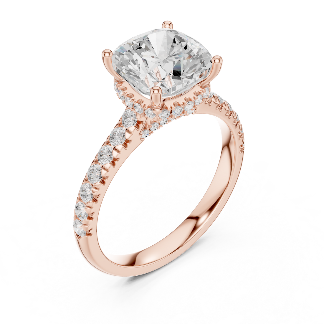 Cushion Cut Solitaire Engagement Ring with Split Shank Pavé Diamond Band