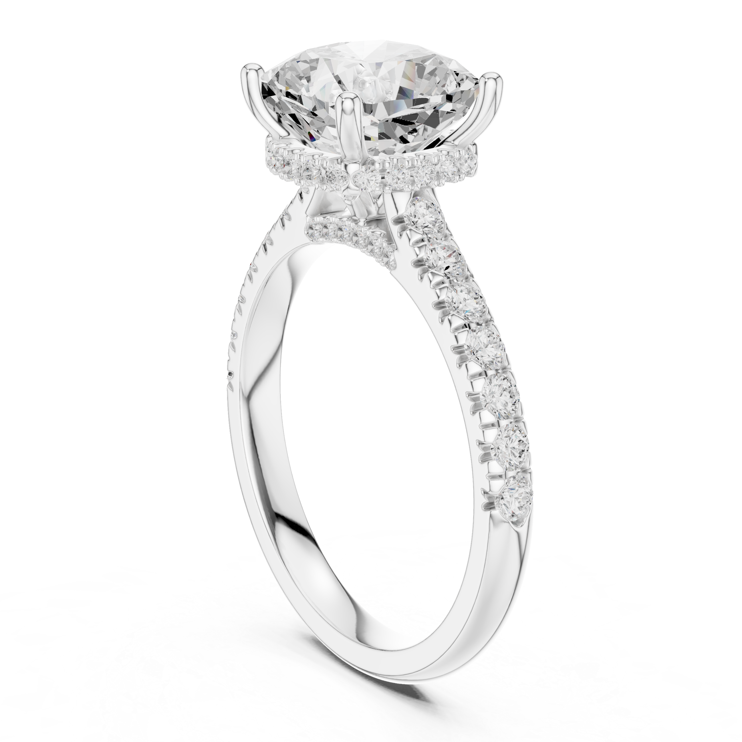 Cushion Cut Solitaire Engagement Ring with Split Shank Pavé Diamond Band
