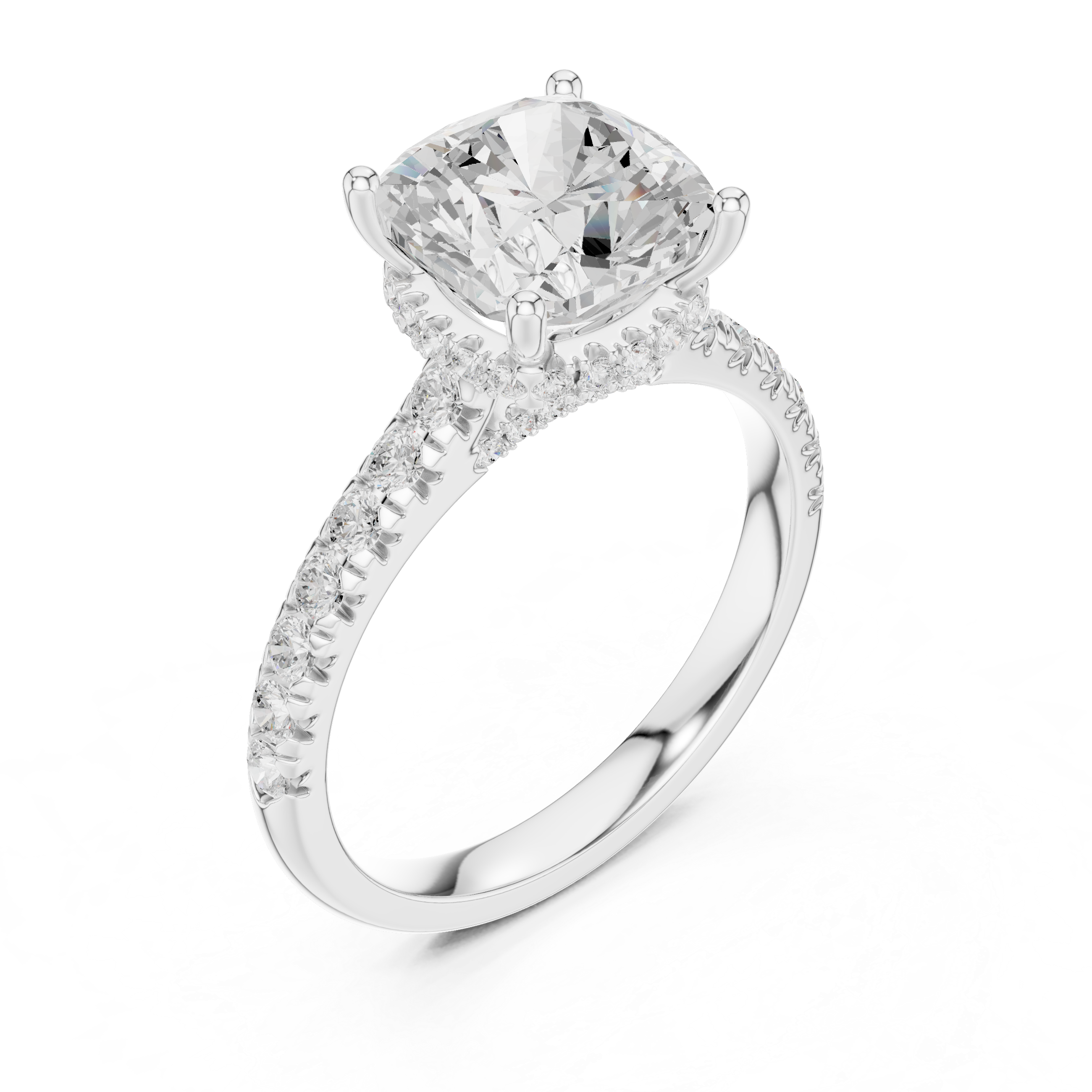 Cushion Cut Solitaire Engagement Ring with Split Shank Pavé Diamond Band