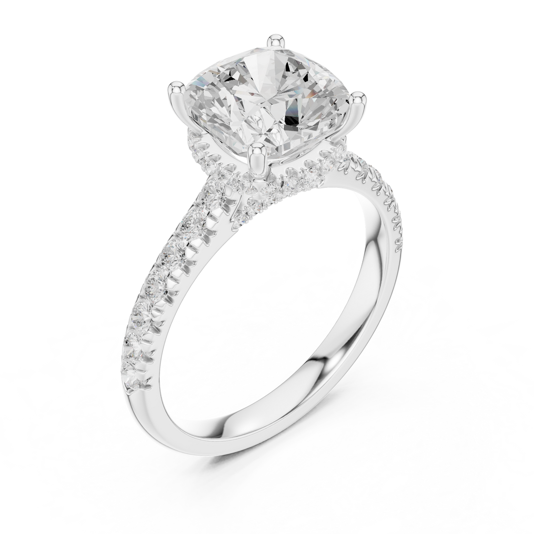 Cushion Cut Solitaire Engagement Ring with Split Shank Pavé Diamond Band