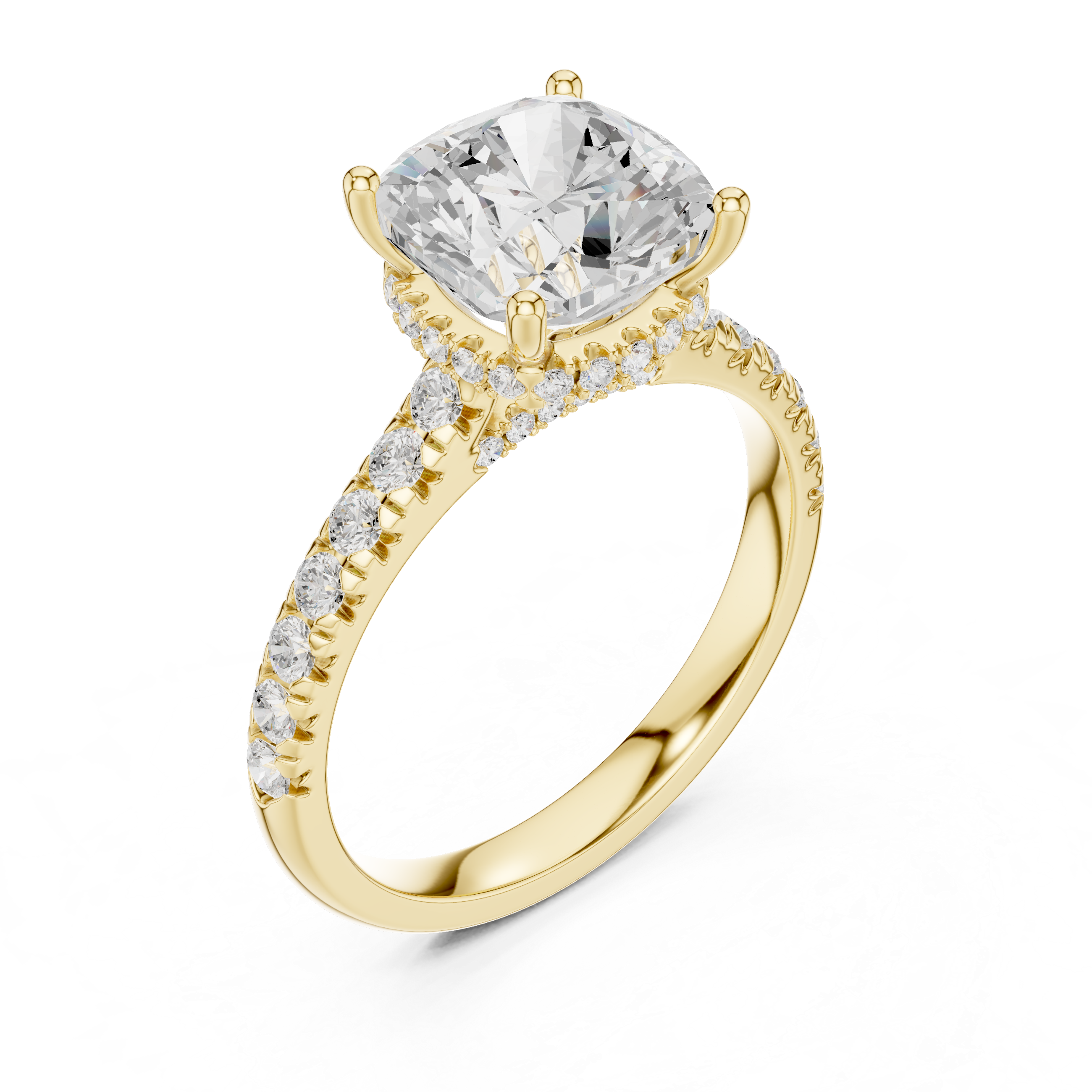 Cushion Cut Solitaire Engagement Ring with Split Shank Pavé Diamond Band