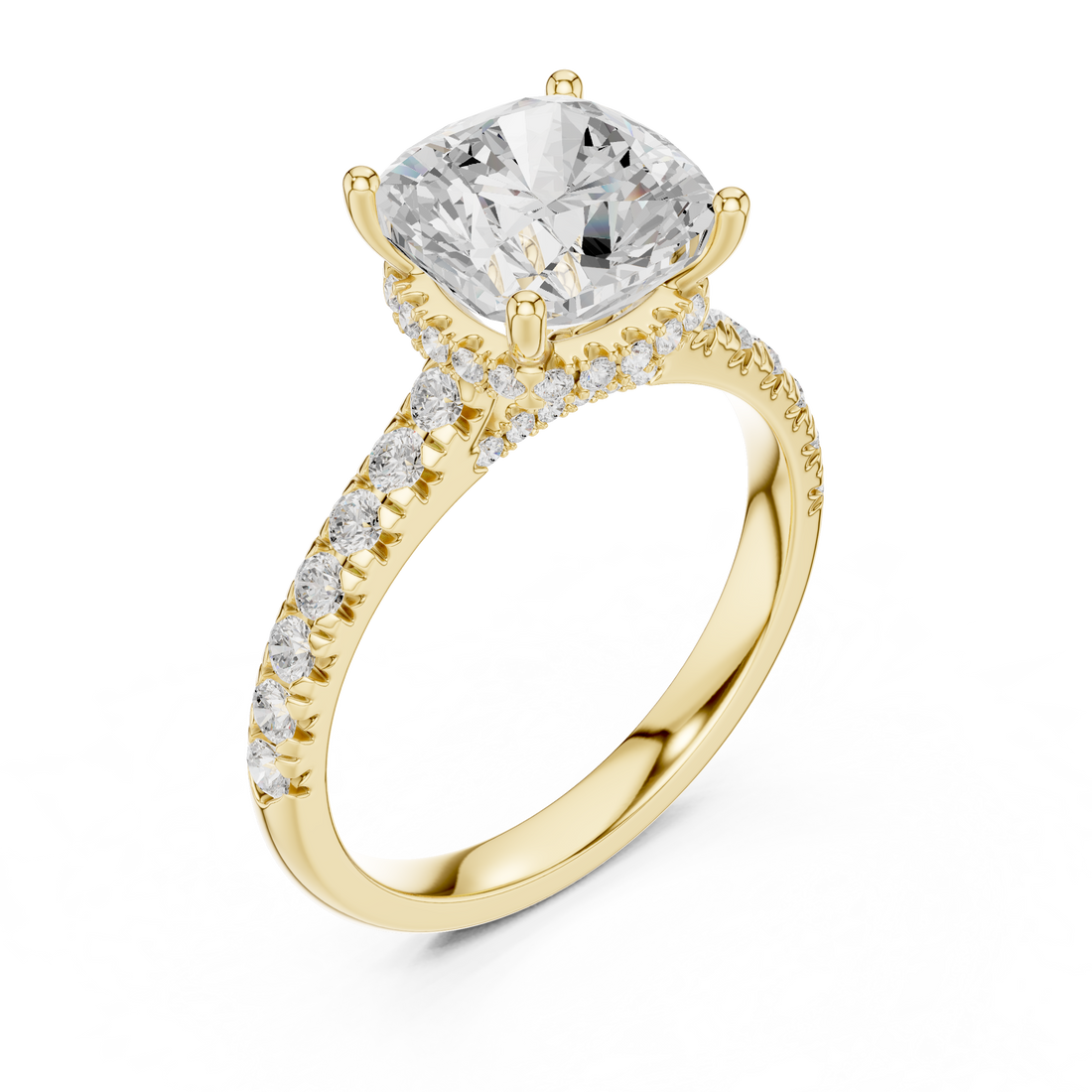 Cushion Cut Solitaire Engagement Ring with Split Shank Pavé Diamond Band