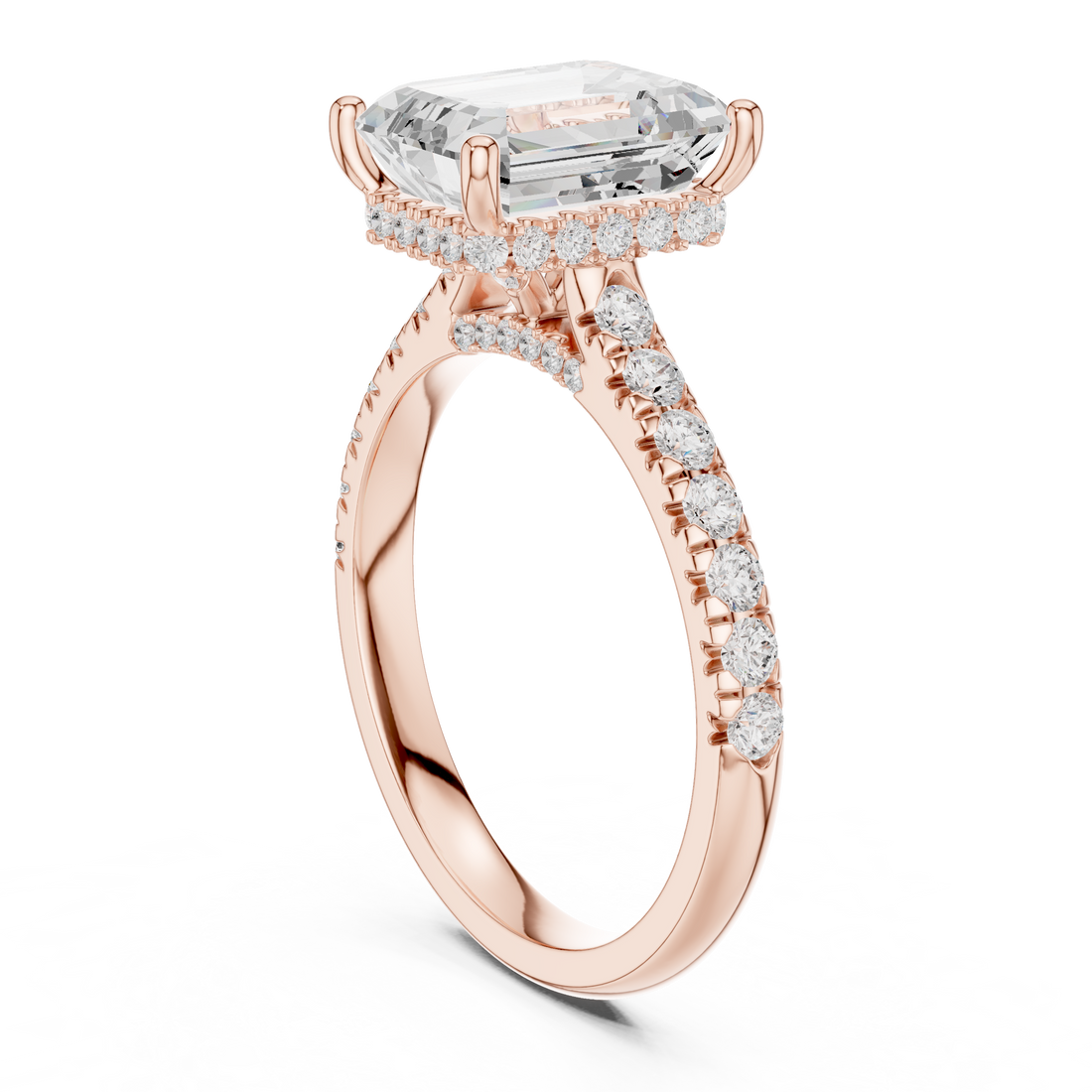 Emerald Cut Solitaire Engagement Ring with Split Shank Pavé Diamond Band