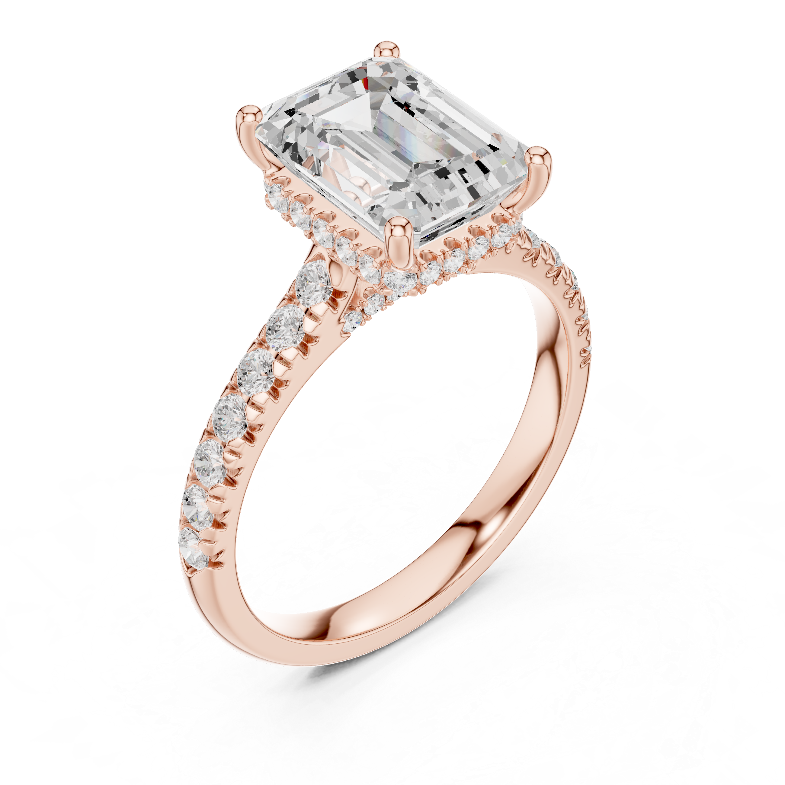 Emerald Cut Solitaire Engagement Ring with Split Shank Pavé Diamond Band